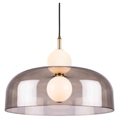 Echo Pendant, Lamp and Shade. Opal Glass Orbs, Smoked Shade and Brass Details.