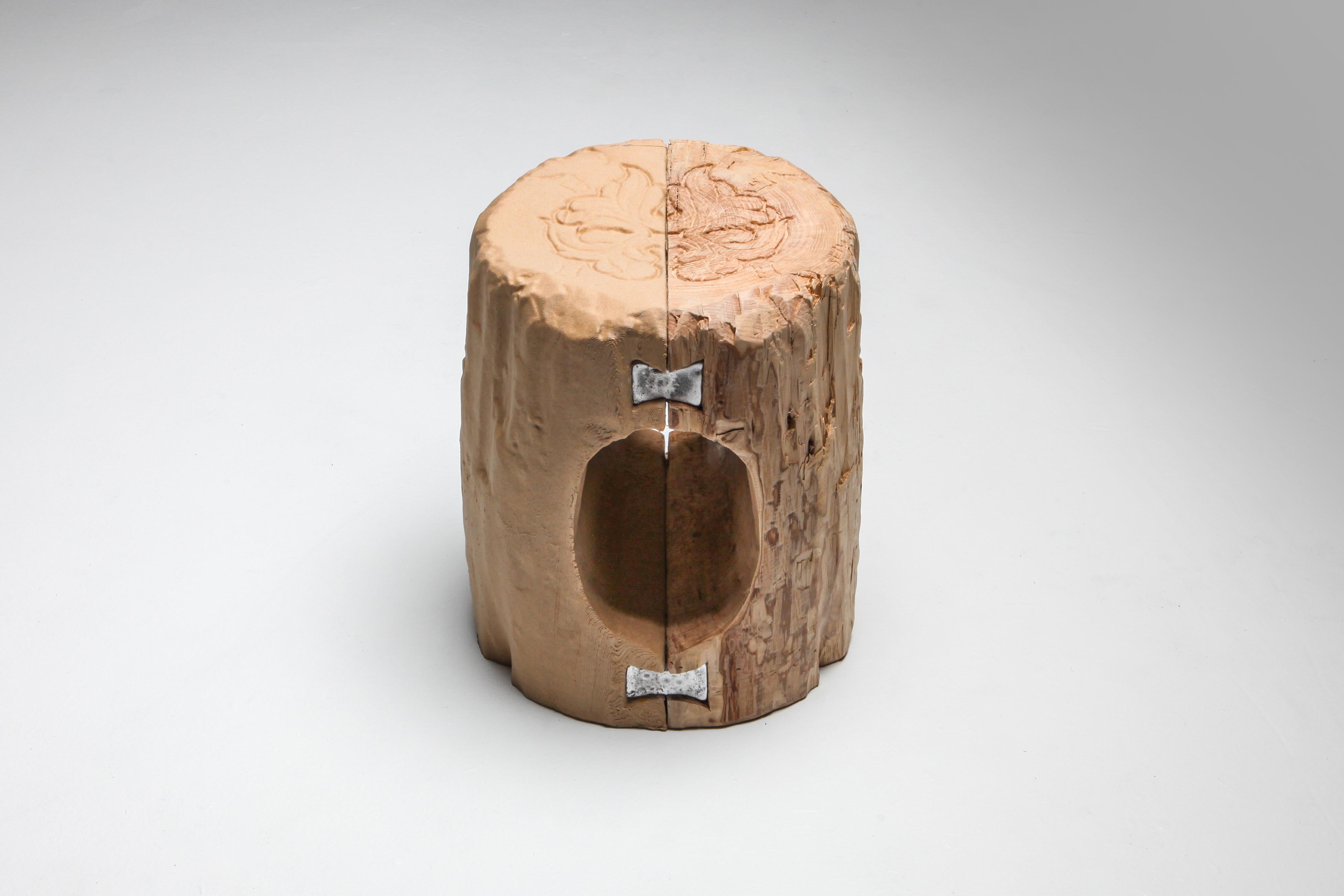 Echo stool (Dovetail)
Contemporary art, Functional art, 2020,
Wood, wood filament, resin, acrylic plaster, PU-foam and hardware
Measures: H 45.9, W 34.8, D 25 cm

This unique piece was exhibited in Schimmel & Schweikle's solo show 'A tree full
