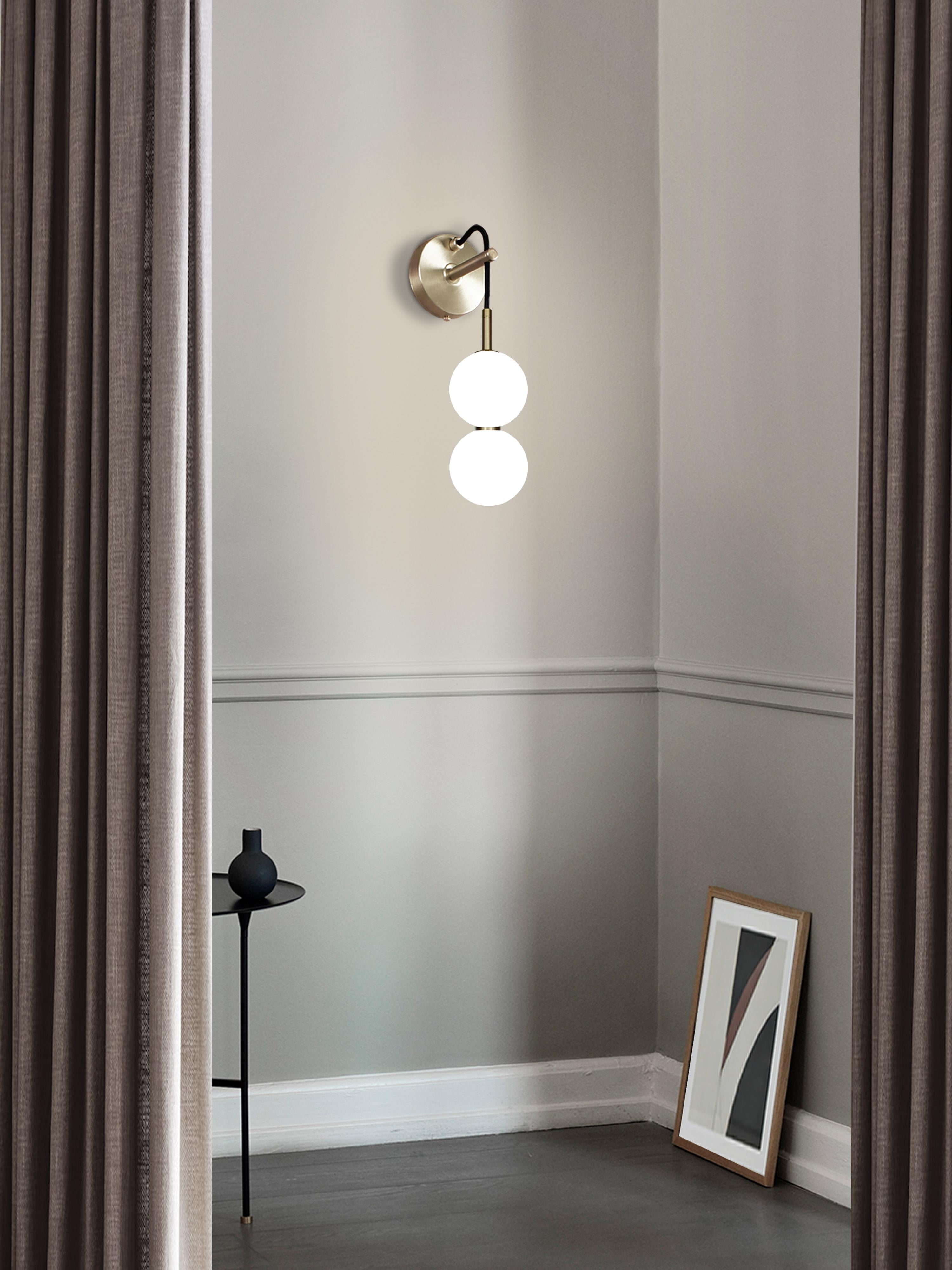 British Echo Wall Lamp - 2 Ball. Opal Glass Orbs, Brass Metalwork. Integrated LED For Sale