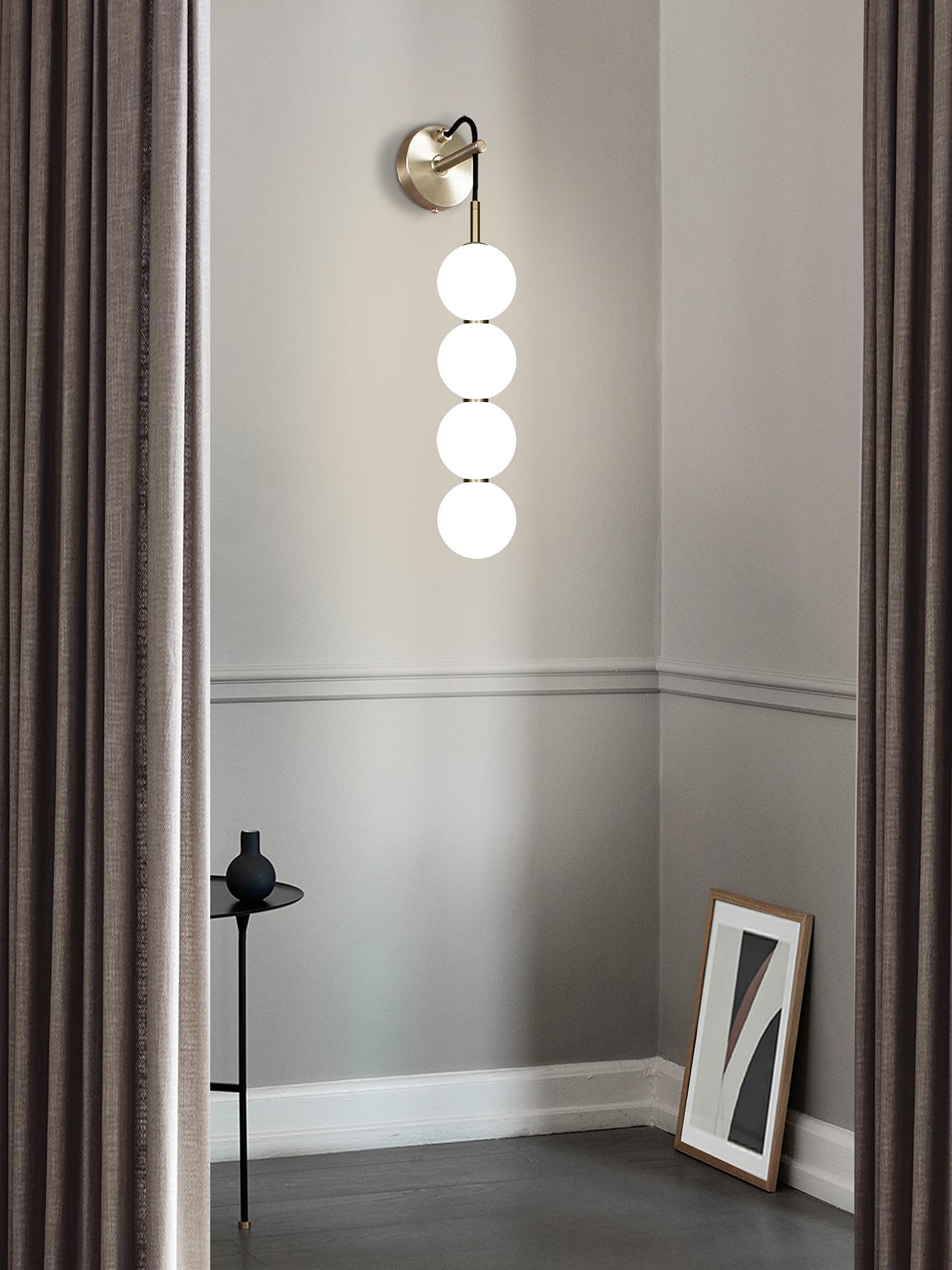 British Echo Wall Lamp - 4 Ball. Opal Glass Orbs, Brass Metalwork. Integrated LED For Sale
