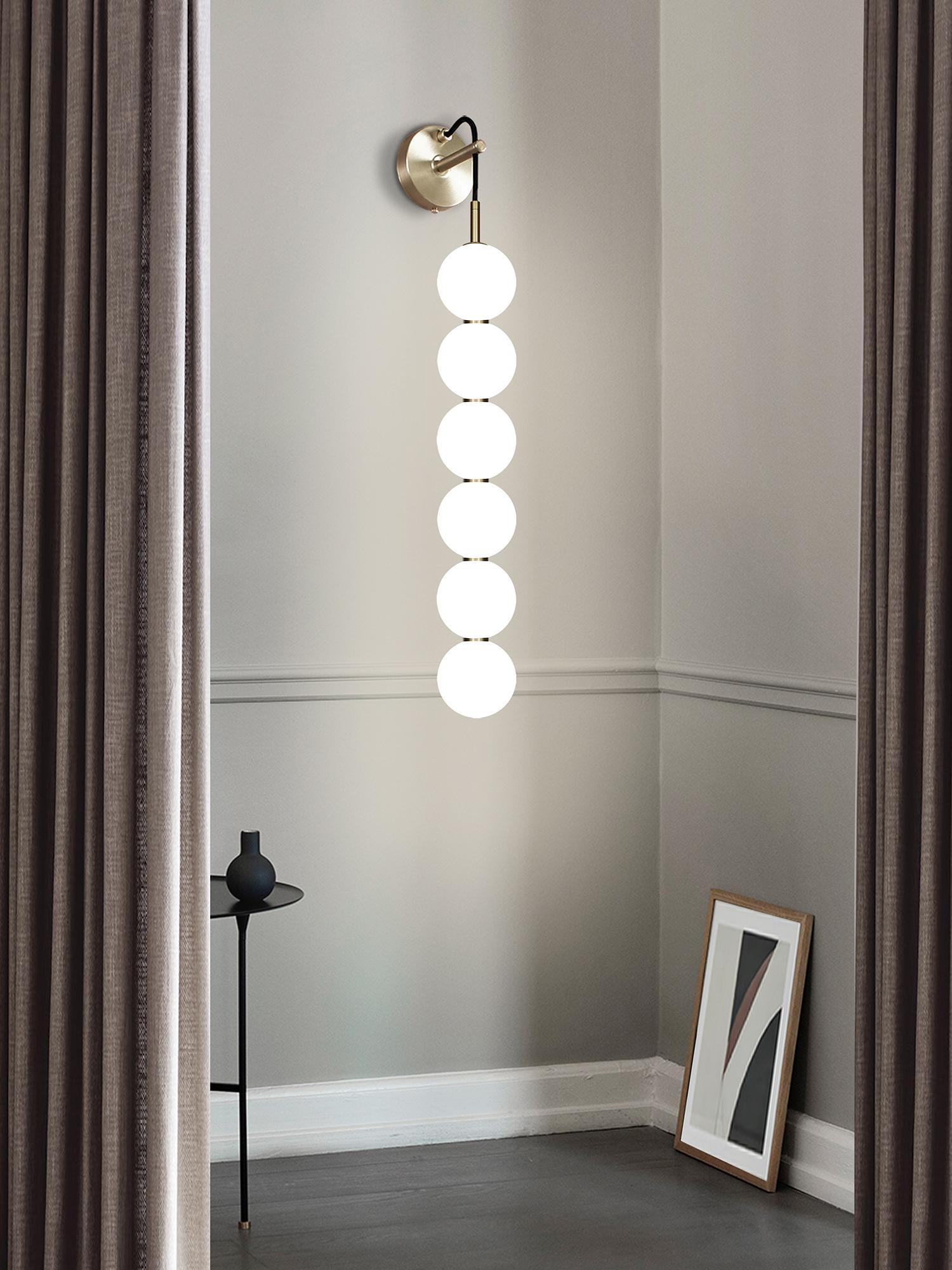 British Echo Wall Lamp - 6 Ball. Opal Glass Orbs, Brass Metalwork. Integrated LED For Sale