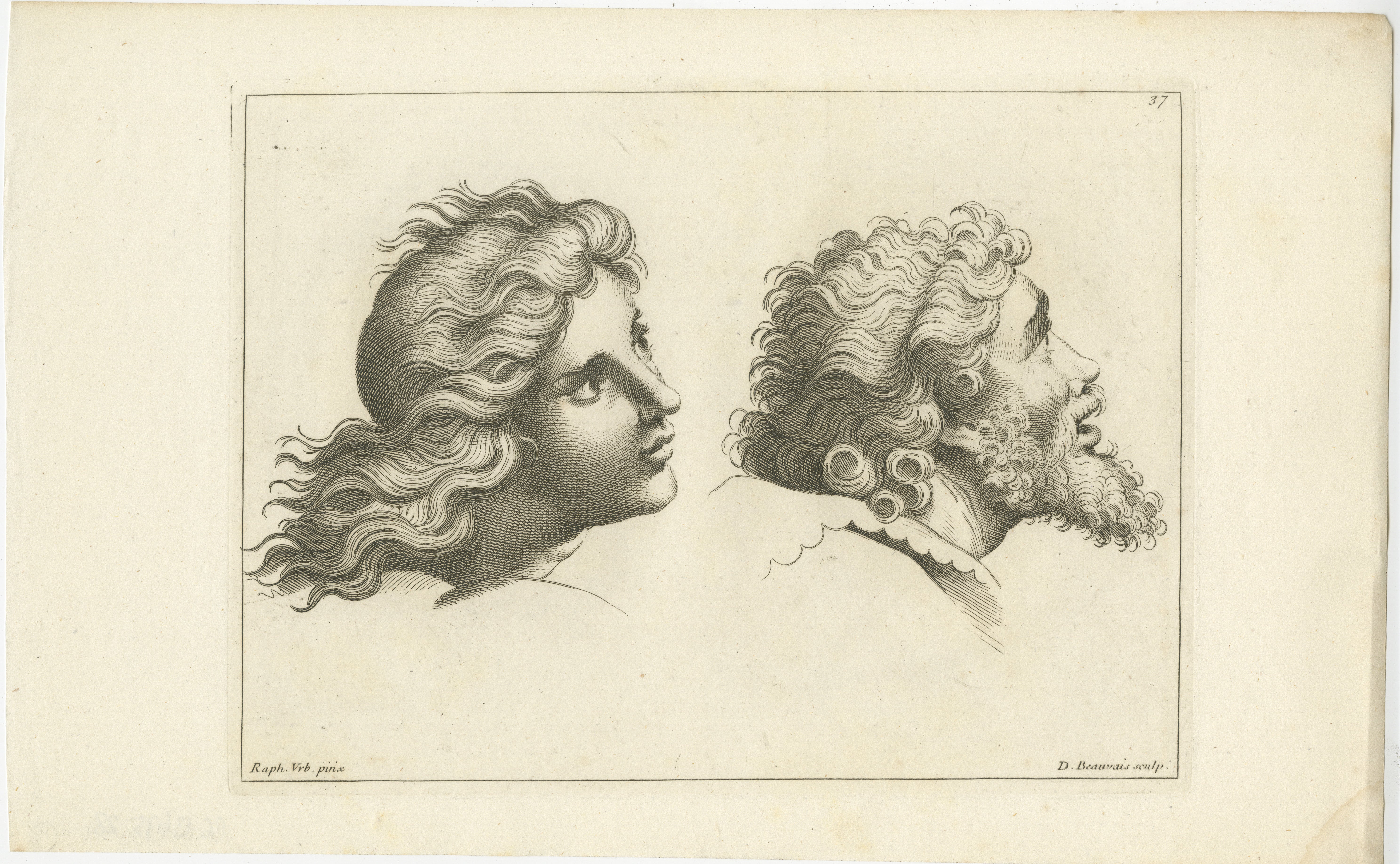 This engraving a compelling piece featuring two distinct profiles: one of a youthful figure with soft, flowing hair and the other of an older, bearded individual whose face is marked with the signs of age and character.

On the left, the subject's