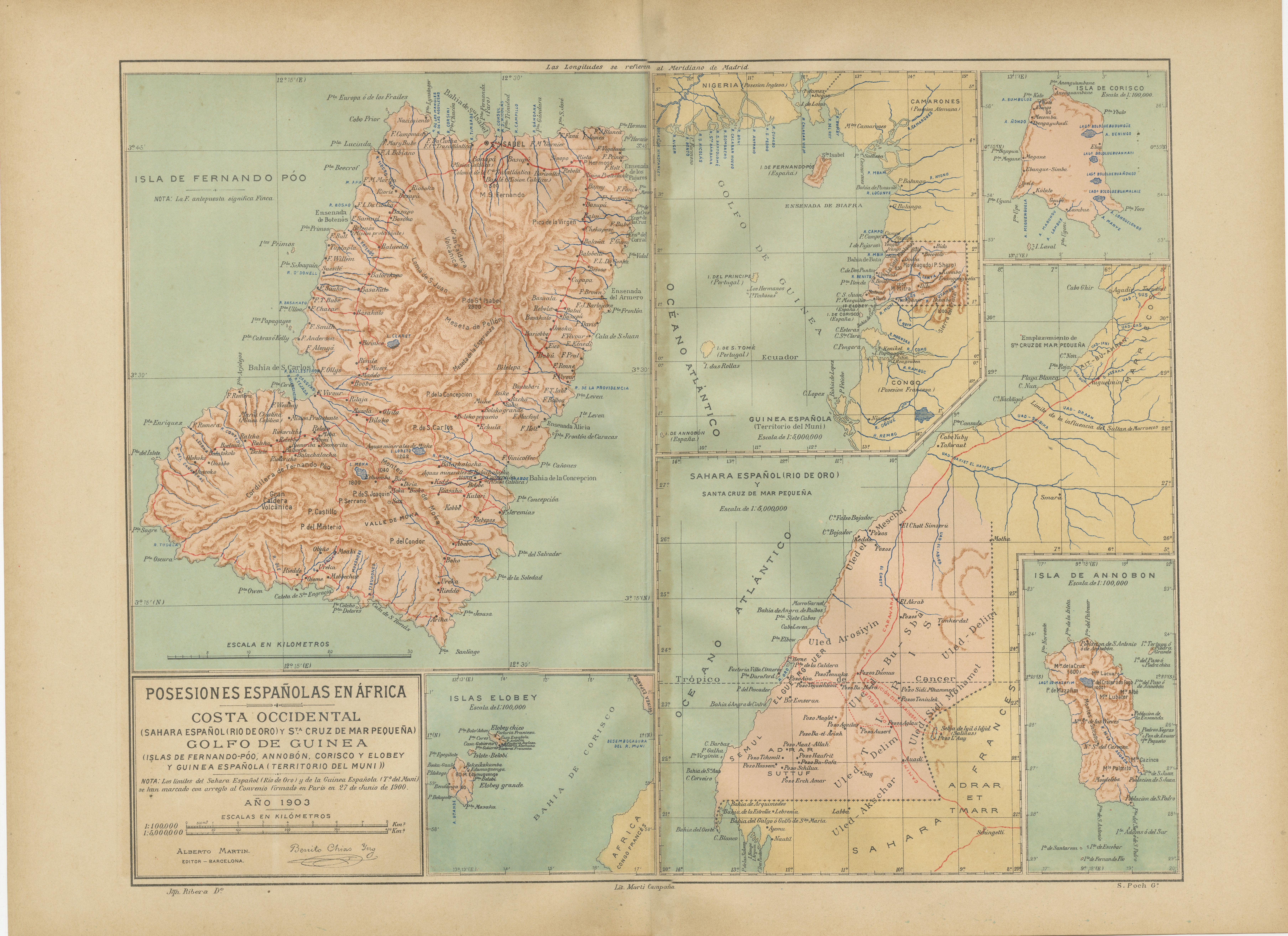 This is a historical map showing Spanish possessions in West Africa from the year 1903. The map includes the islands of Fernando Póo (now known as Bioko), part of the modern-day country of Equatorial Guinea, Annobón Island, and the Elobey Islands,