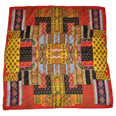 Retro Echo's "Patchwork" With Red Borders Silk Scarf