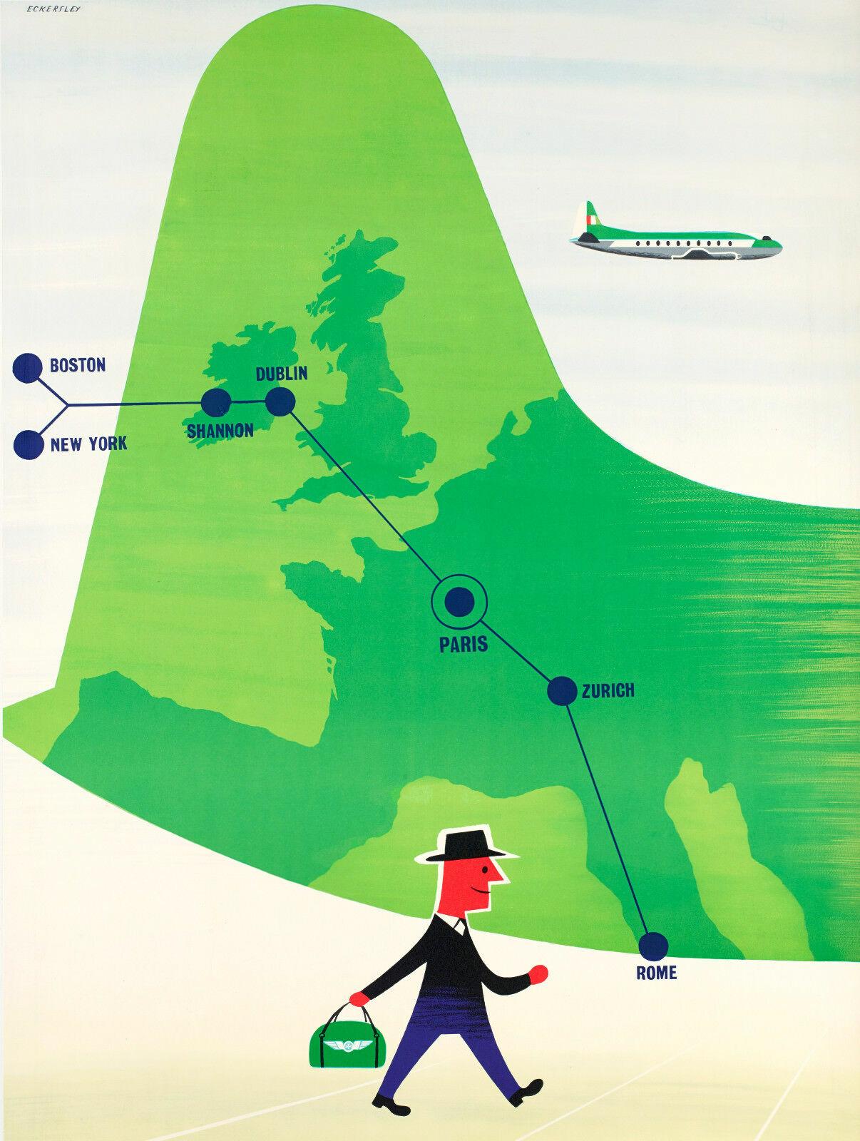 Original Vintage Poster-T. Eckersley-Aer Lingus-Avion-Irlande, c.1960

In 1958, Aerlínte Éireann operated the first transatlantic flight from Shannon to New York. On January 1, 1960, the company, renamed Aer Lingus, opened a new route to Boston.