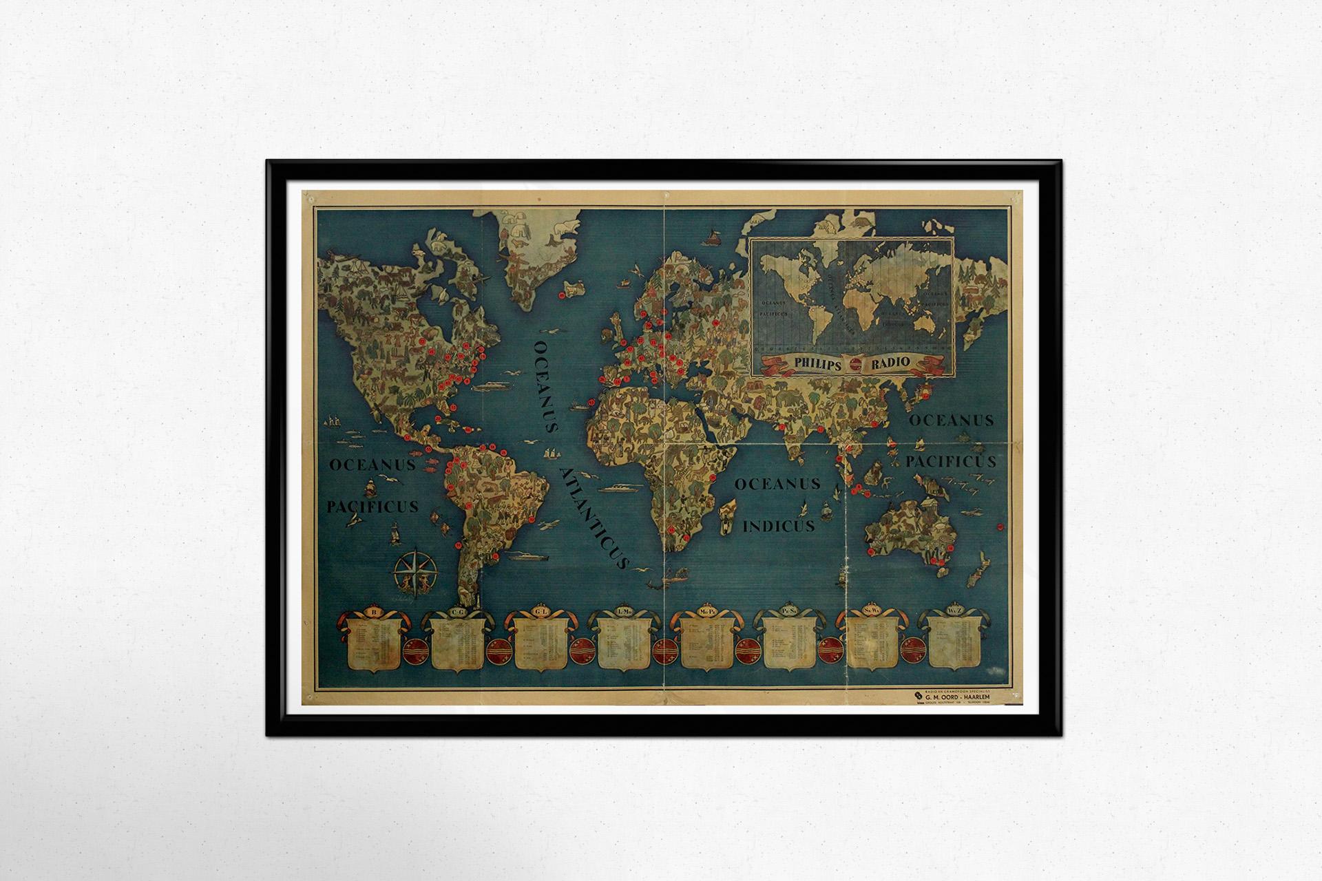 A dazzling fusion of cartography, commercial ambition, and visual storytelling, this circa 1935 original poster by Walter Eckhard serves as a remarkable artifact of early globalism — powered by the invisible force of radio waves.

Published by G.M.