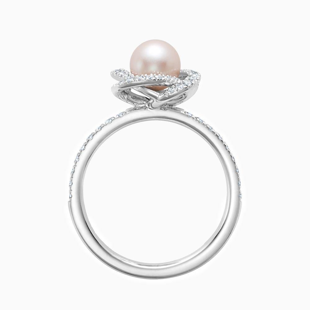 For Sale:  Ecksand 14k White Gold Twisted Flower Pearl Ring with Diamond Halo 9