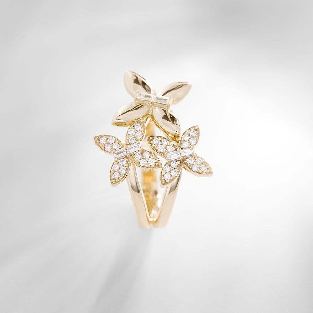For Sale:  Ecksand 14k Yellow Gold Diamond Trio Butterfly Ring 5