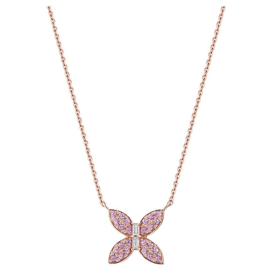 Ecksand 18k Rose Gold Diamond Butterfly Necklace with Pink Sapphire Pavé For Sale