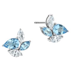 Ecksand 18k White Gold Cluster Stud Diamond and Aquamarine Earrings