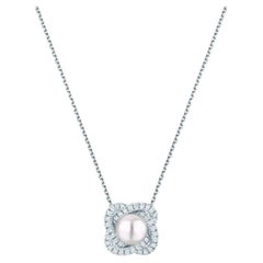 Ecksand 18k White Gold Twisted Flower Pearl Necklace With Diamond Halo