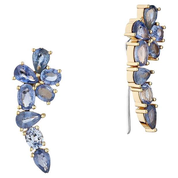 Ecksand 18k Yellow Gold Blue Sapphire Cluster Crawler Earrings For Sale