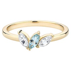 Ecksand 18k Yellow Gold Marquise Aquamarine and White Sapphire Three Stone Ring