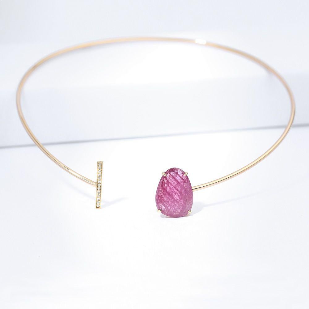 Rose Cut Ecksand 18k Yellow Gold Pink Sapphire and Diamond Choker Necklace For Sale