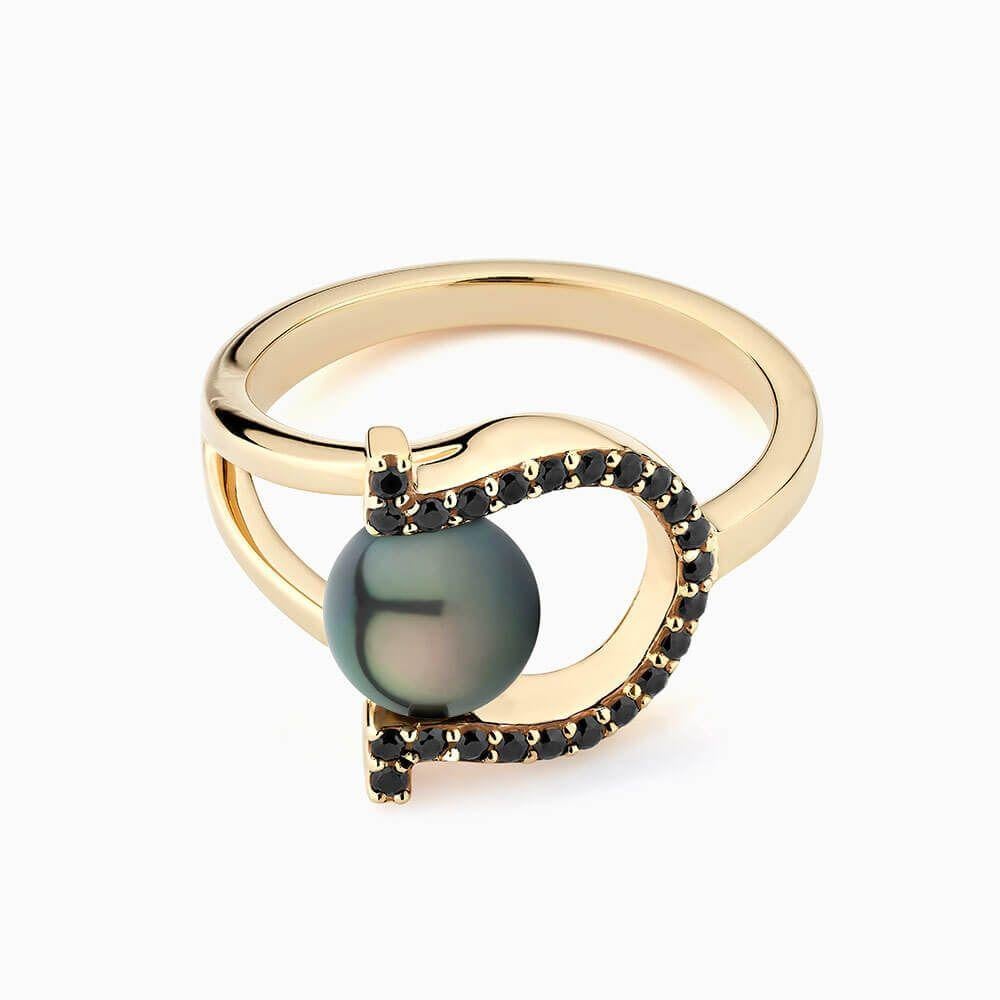 For Sale:  Ecksand 18k Yellow Gold Tahitian Pearl Spinel Horseshoe Ring 4