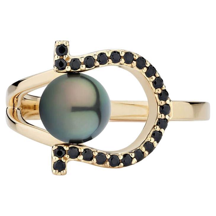 For Sale:  Ecksand 18k Yellow Gold Tahitian Pearl Spinel Horseshoe Ring