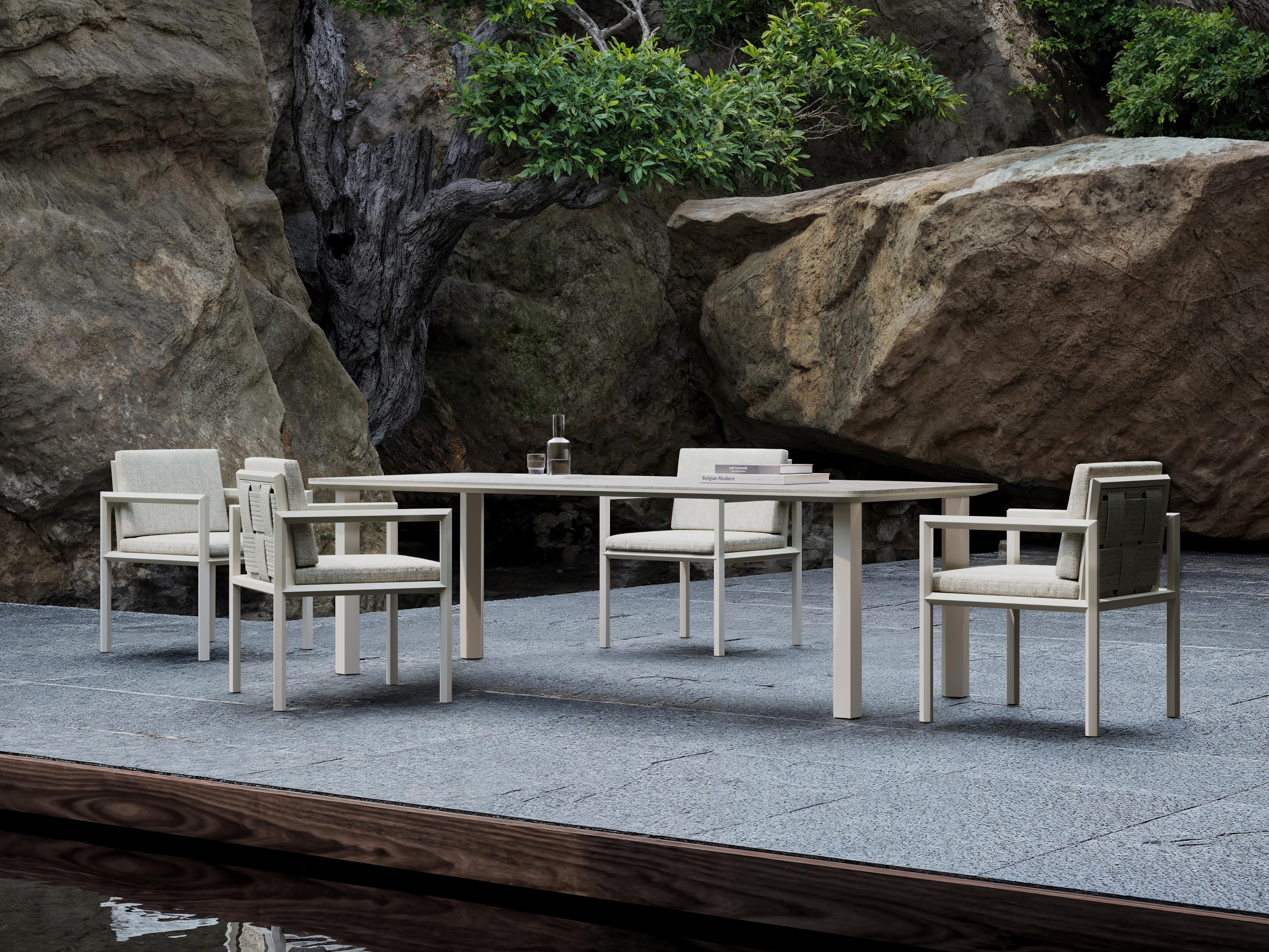 Post-Modern Éclat-Bisque Rope, Luminesce Fabric And Aluminum Frame Dining Chair by SNOC For Sale