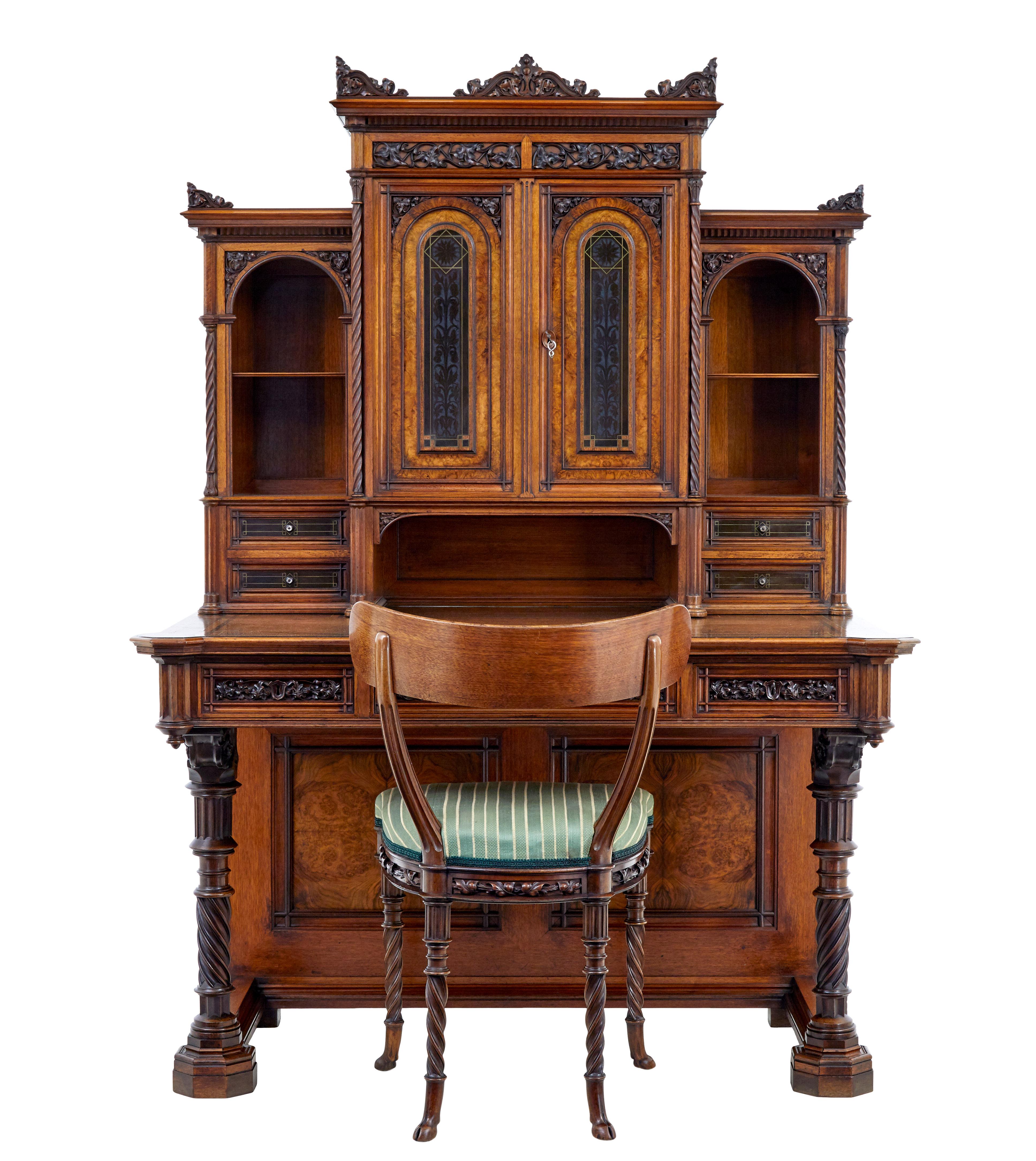 19th century carved walnut desk and chair circa 1880.

Superb quality desk with original chair made by anders svensson of malmo.  Svensson was a cabinet maker to the swedish royal family and this piece was ordered by jacob gleerup, son of c.W.K