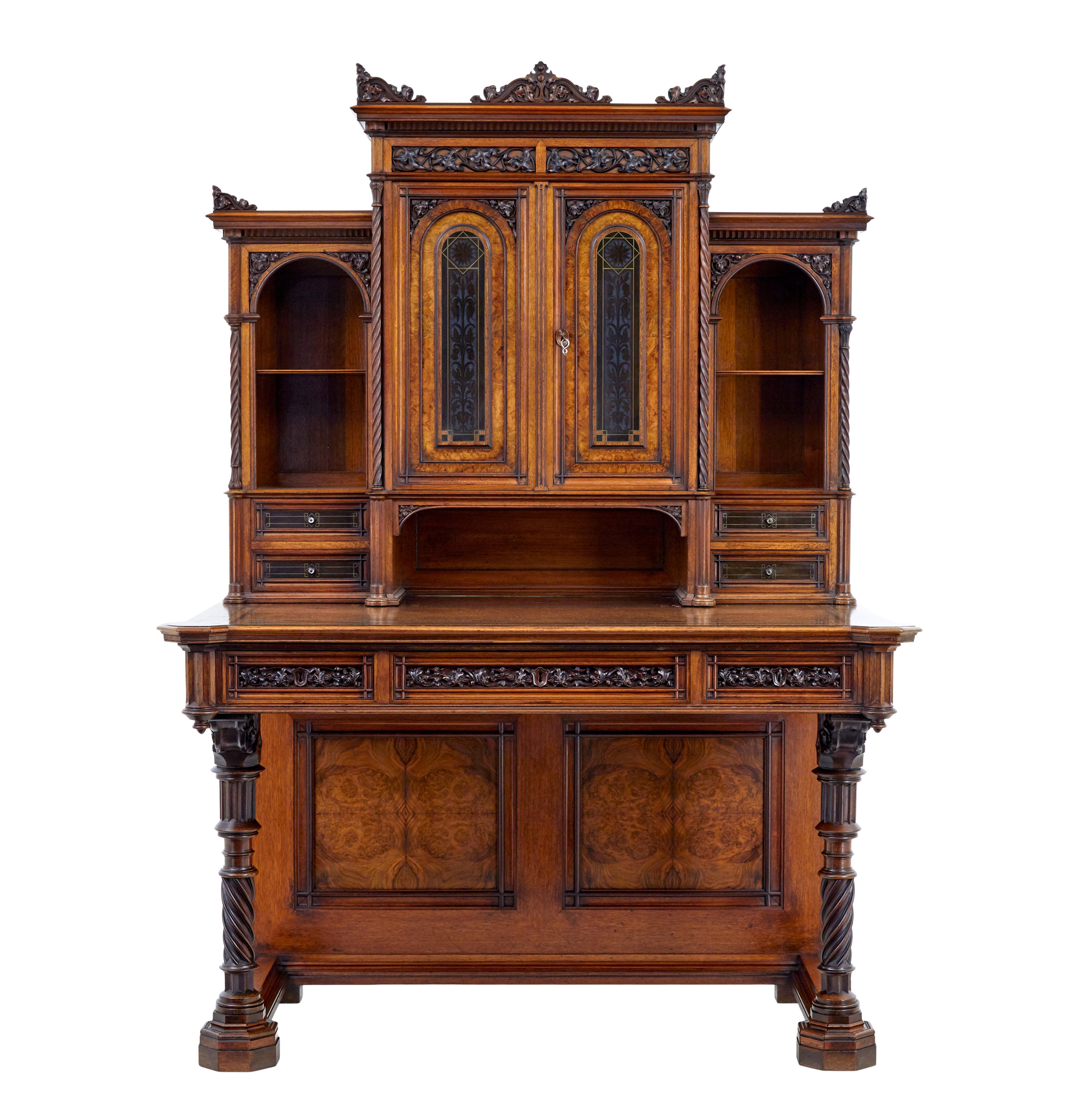 Swedish Eclectic 19th century carved walnut desk and chair For Sale