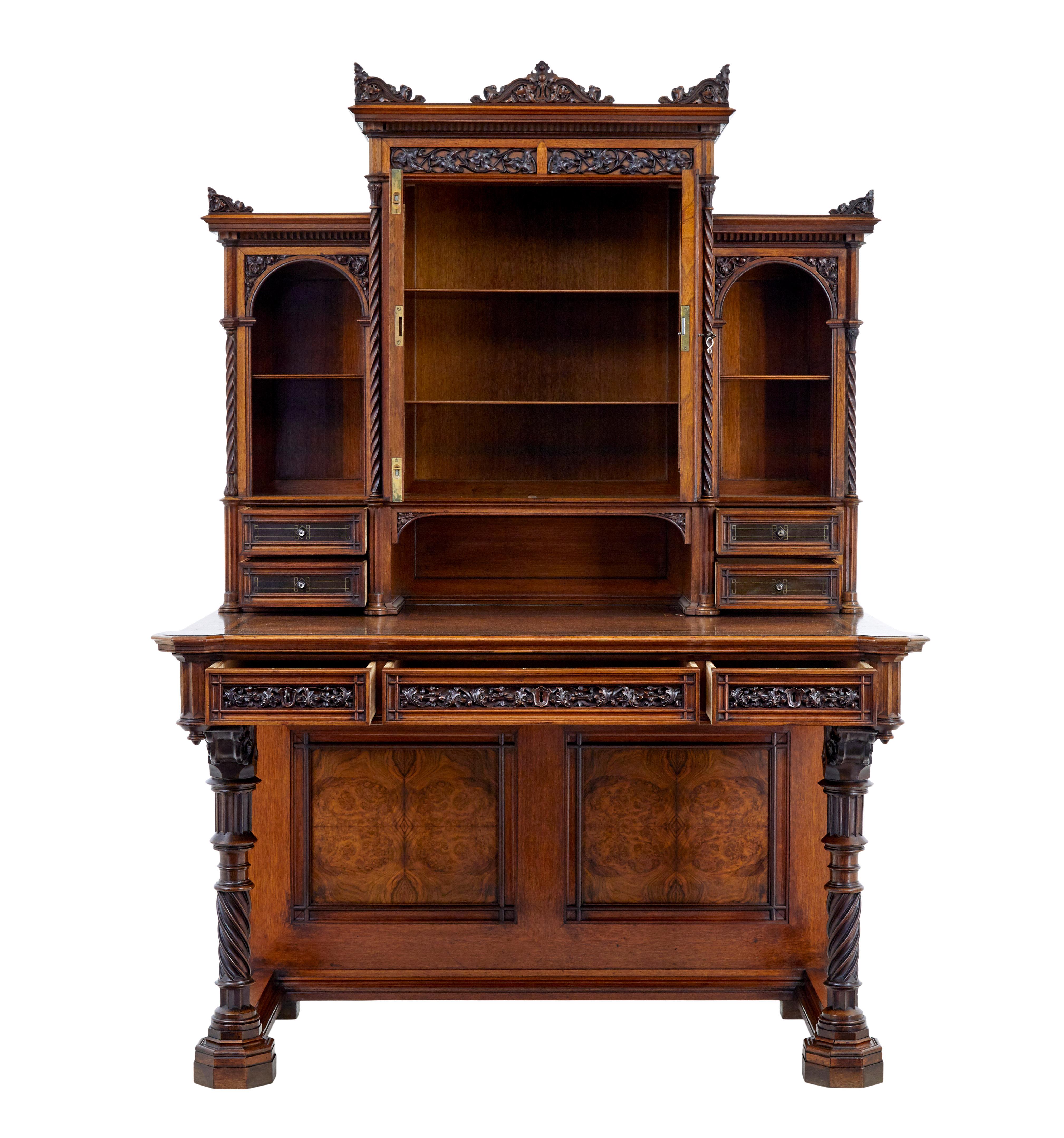 Hand-Carved Eclectic 19th century carved walnut desk and chair For Sale
