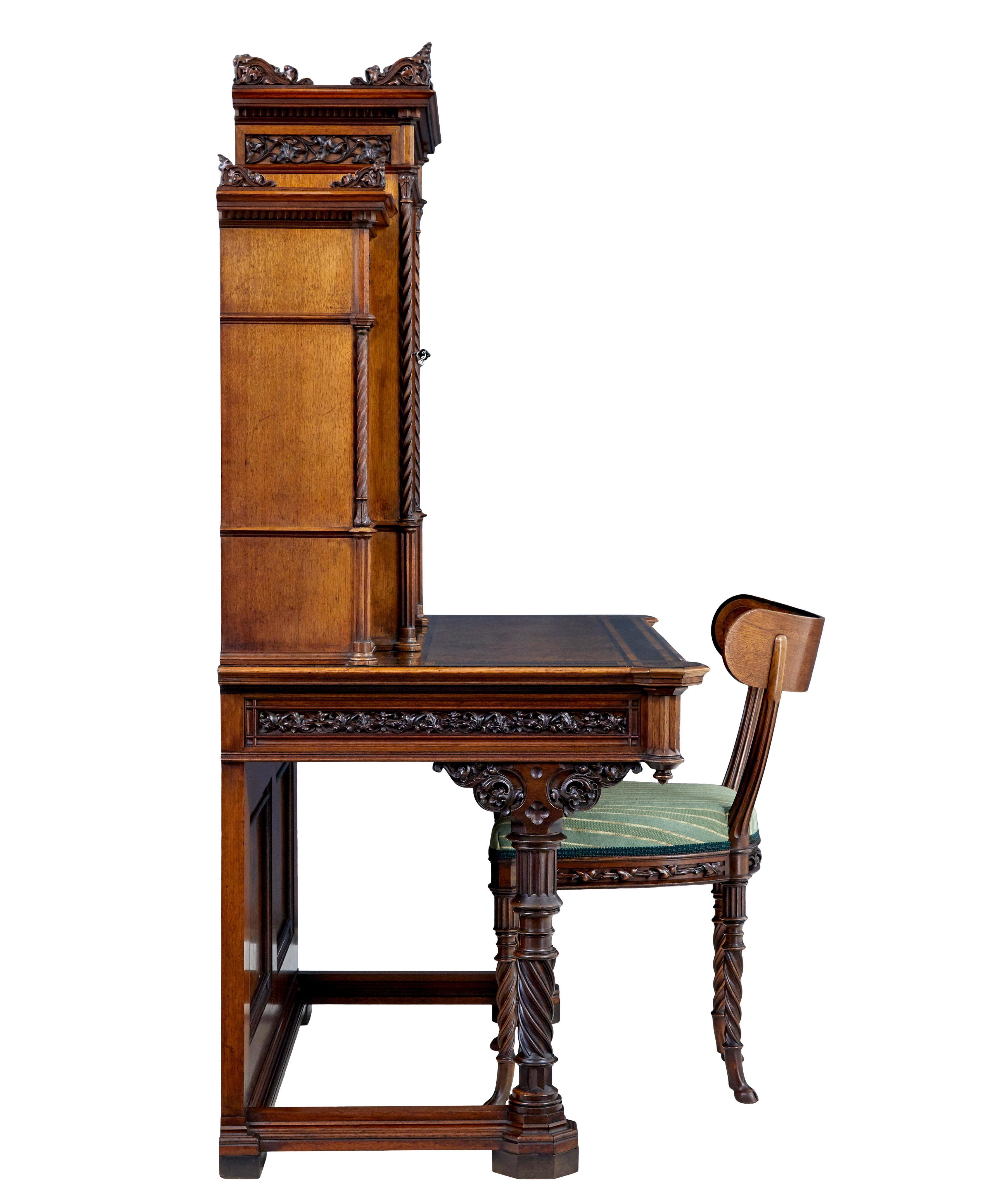 Eclectic 19th century carved walnut desk and chair In Good Condition For Sale In Debenham, Suffolk