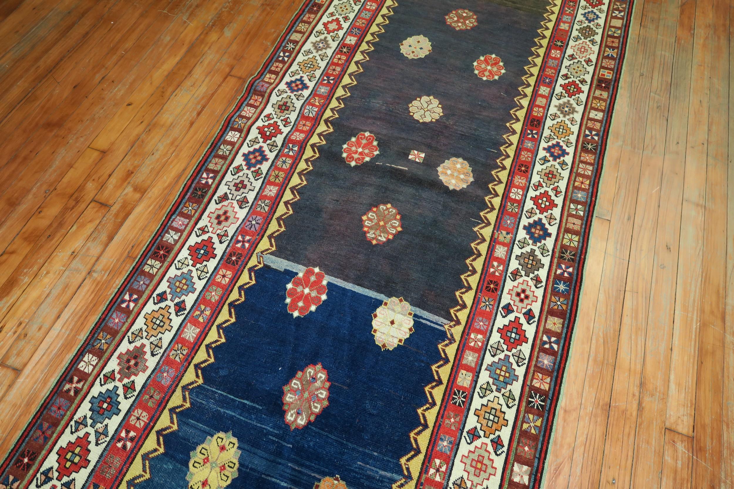 Eclectic 20th Century Talish Brown Navy Persian Wool Runner For Sale 4