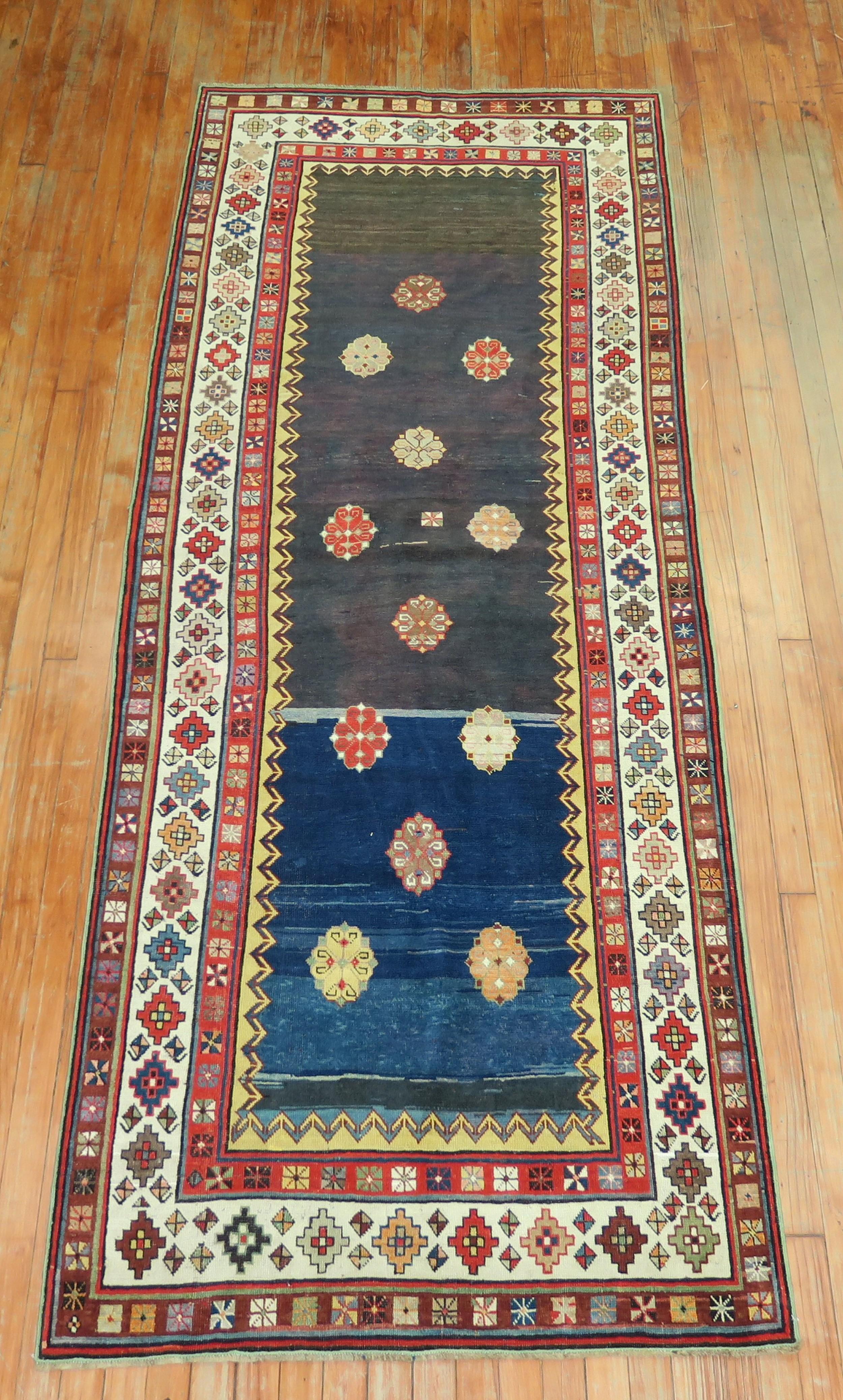 Eclectic 20th Century Talish Brown Navy Persian Wool Runner For Sale 5