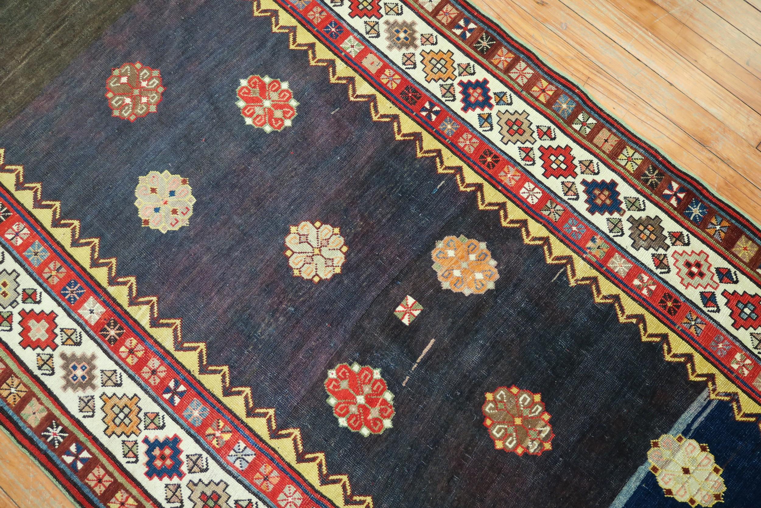Kazak Eclectic 20th Century Talish Brown Navy Persian Wool Runner For Sale