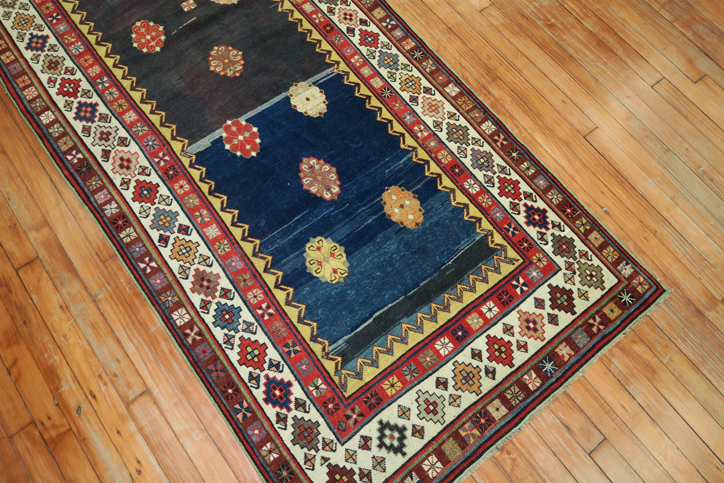 Caucasian Eclectic 20th Century Talish Brown Navy Persian Wool Runner For Sale