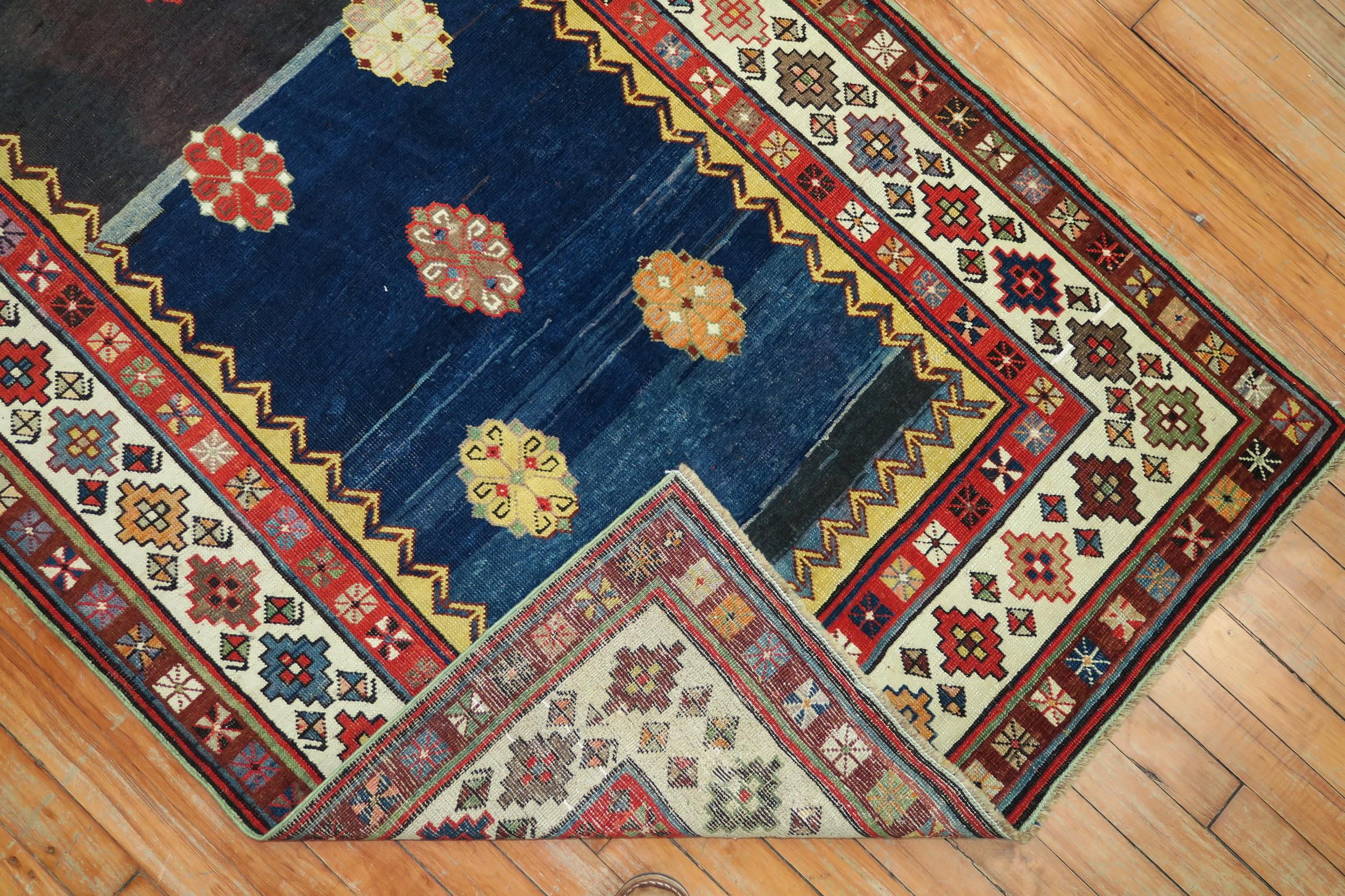 Hand-Woven Eclectic 20th Century Talish Brown Navy Persian Wool Runner For Sale