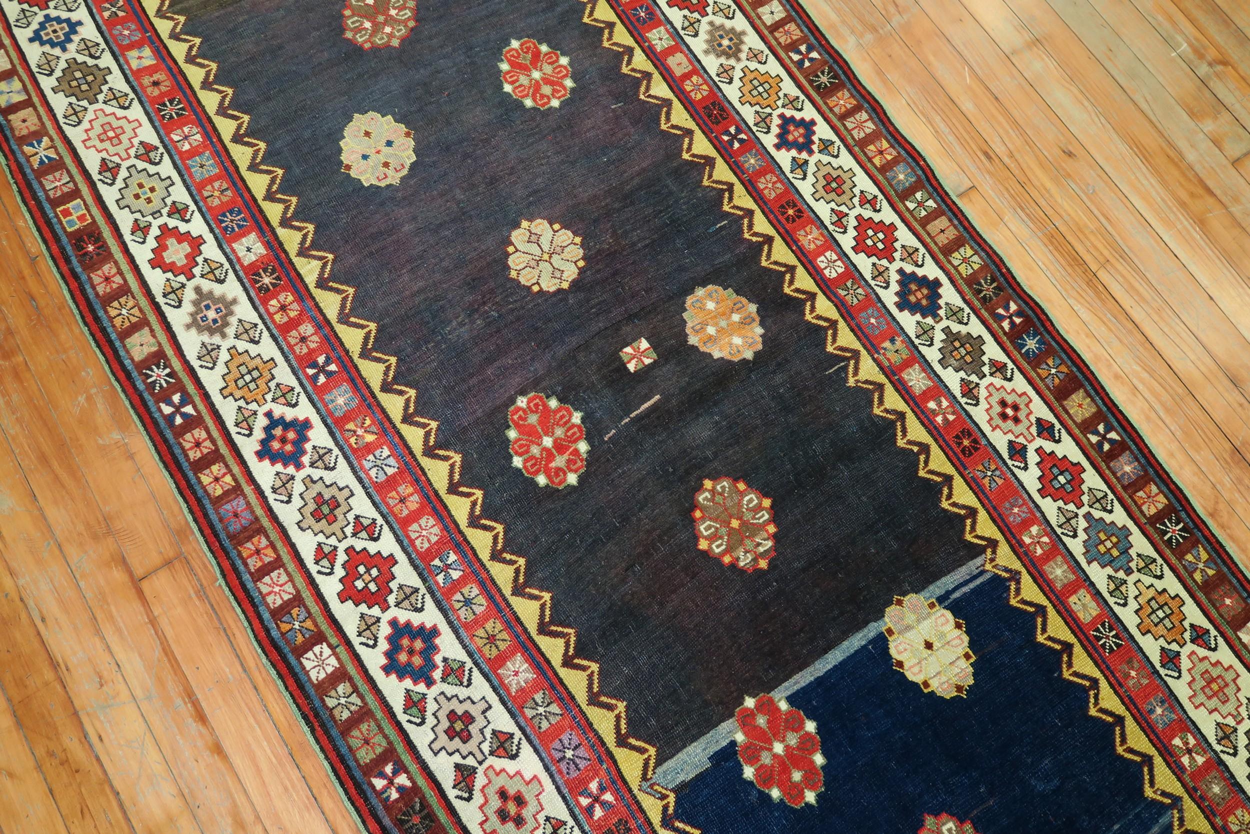 Eclectic 20th Century Talish Brown Navy Persian Wool Runner In Good Condition For Sale In New York, NY