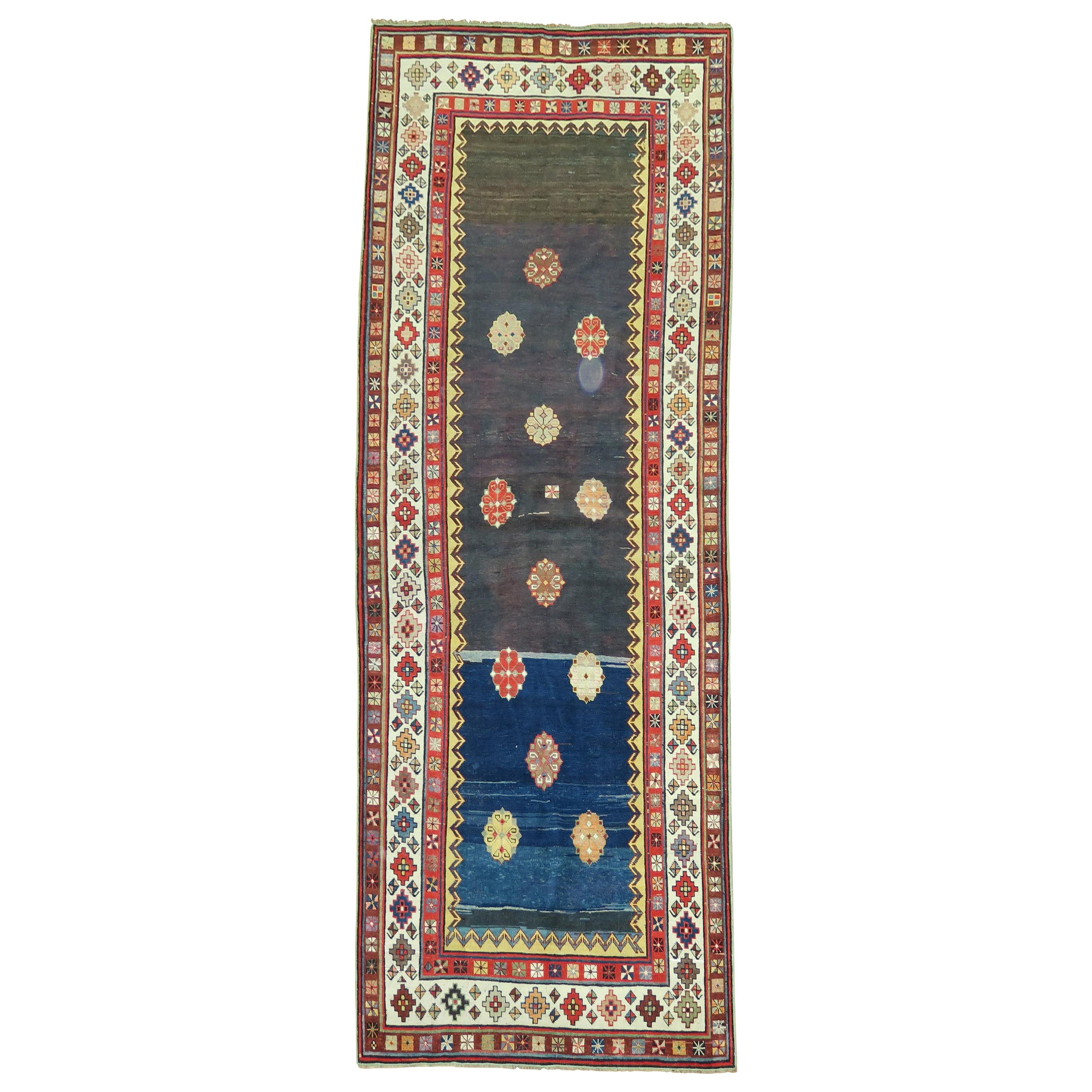 Eclectic 20th Century Talish Brown Navy Persian Wool Runner For Sale