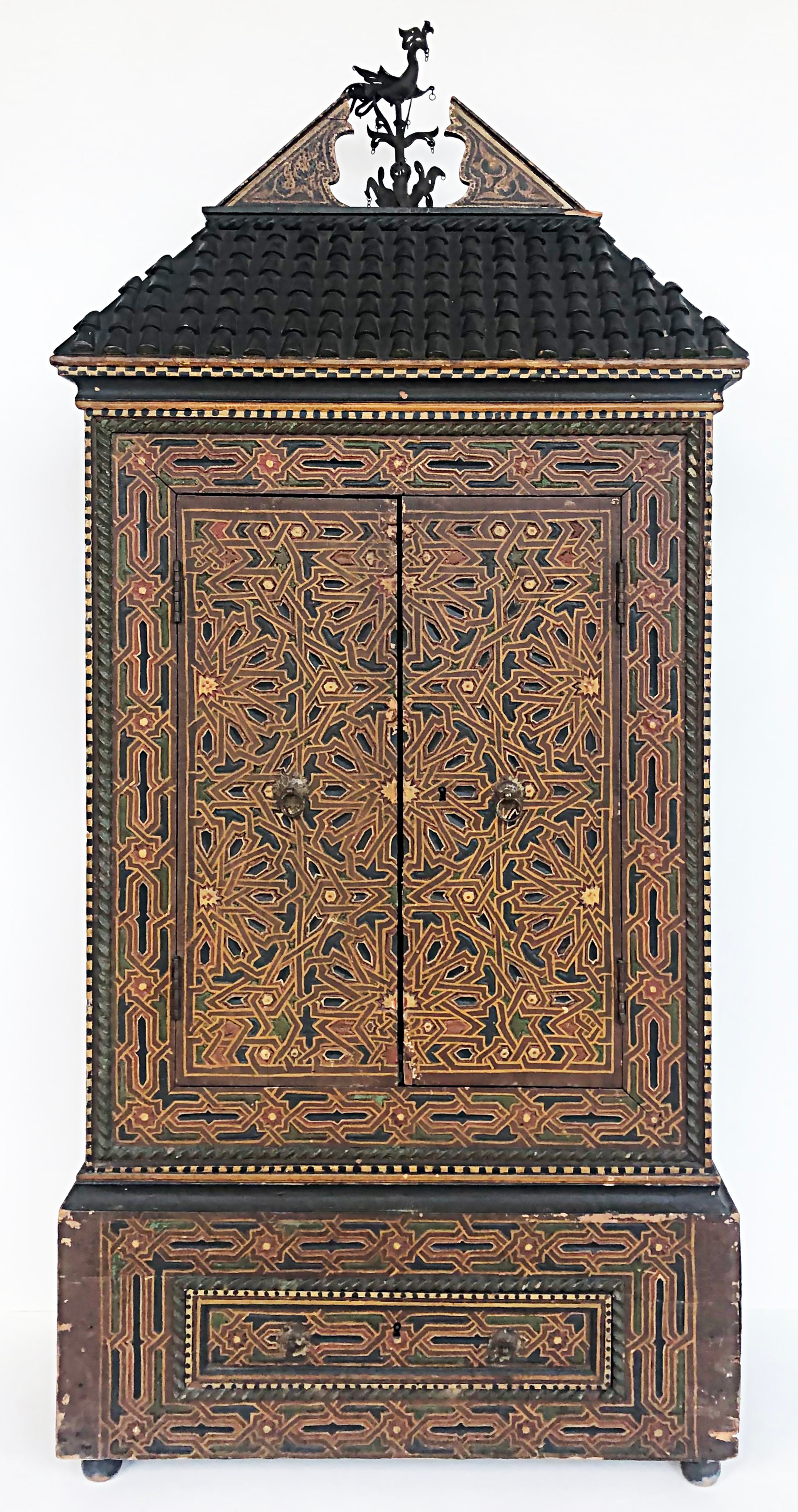 Hand-Carved Eclectic Antique Asian Polychrome Wood Cabinet, Embellished Roof