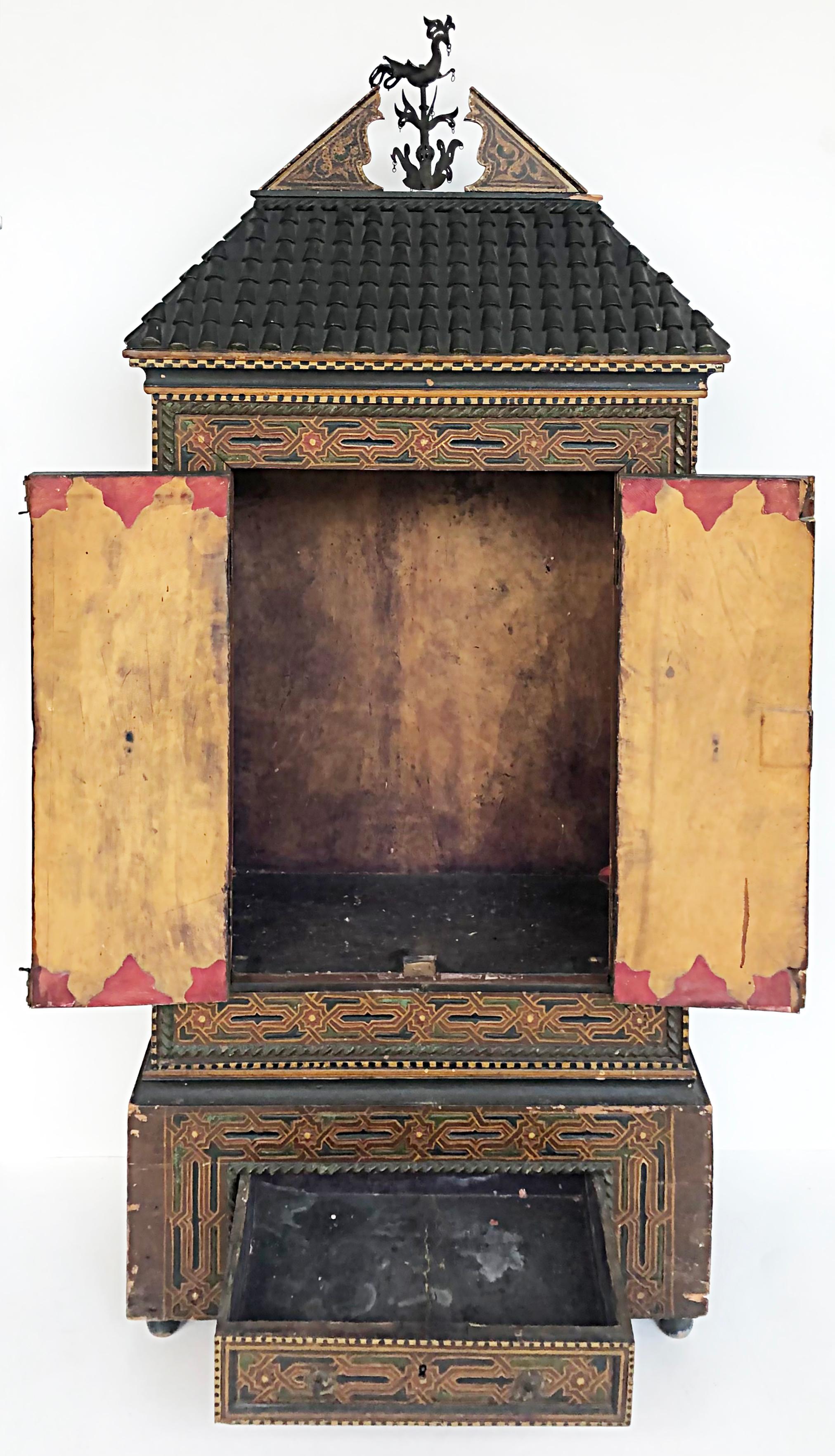 Eclectic Antique Asian Polychrome Wood Cabinet, Embellished Roof In Good Condition In Miami, FL