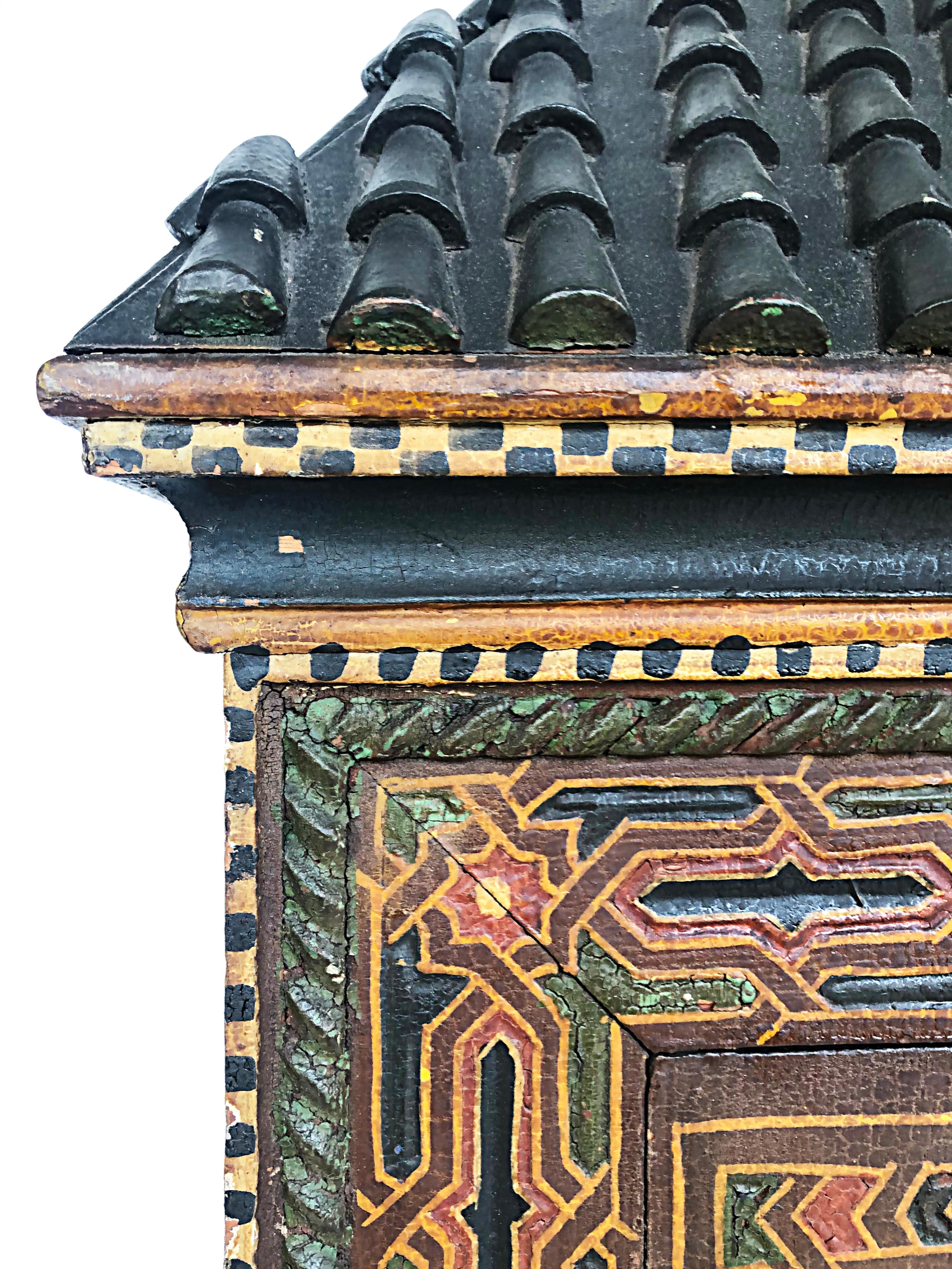 Eclectic Antique Asian Polychrome Wood Cabinet, Embellished Roof 4