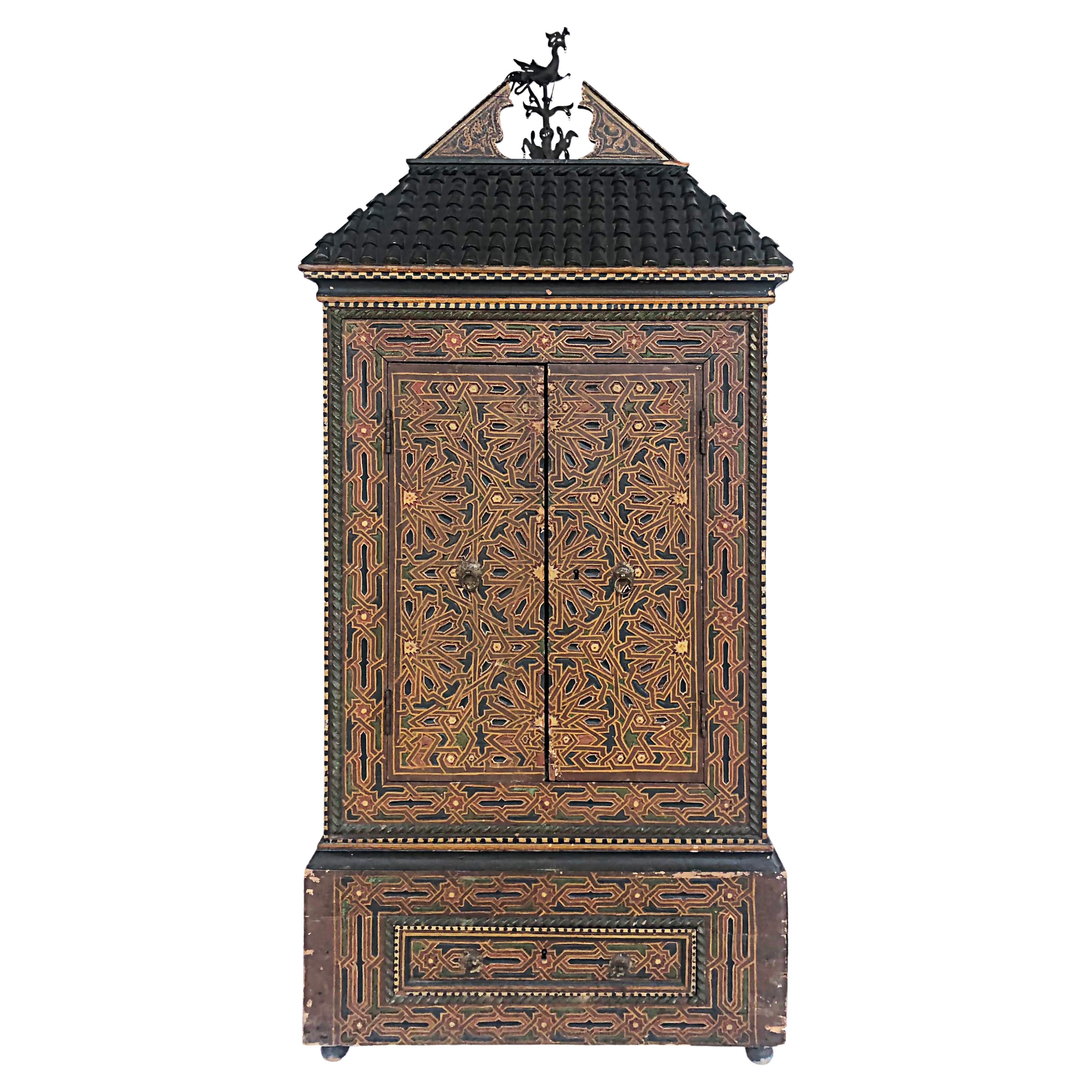 Eclectic Antique Asian Polychrome Wood Cabinet, Embellished Roof