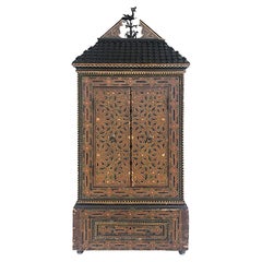 Eclectic Antique Asian Polychrome Wood Cabinet, Embellished Roof