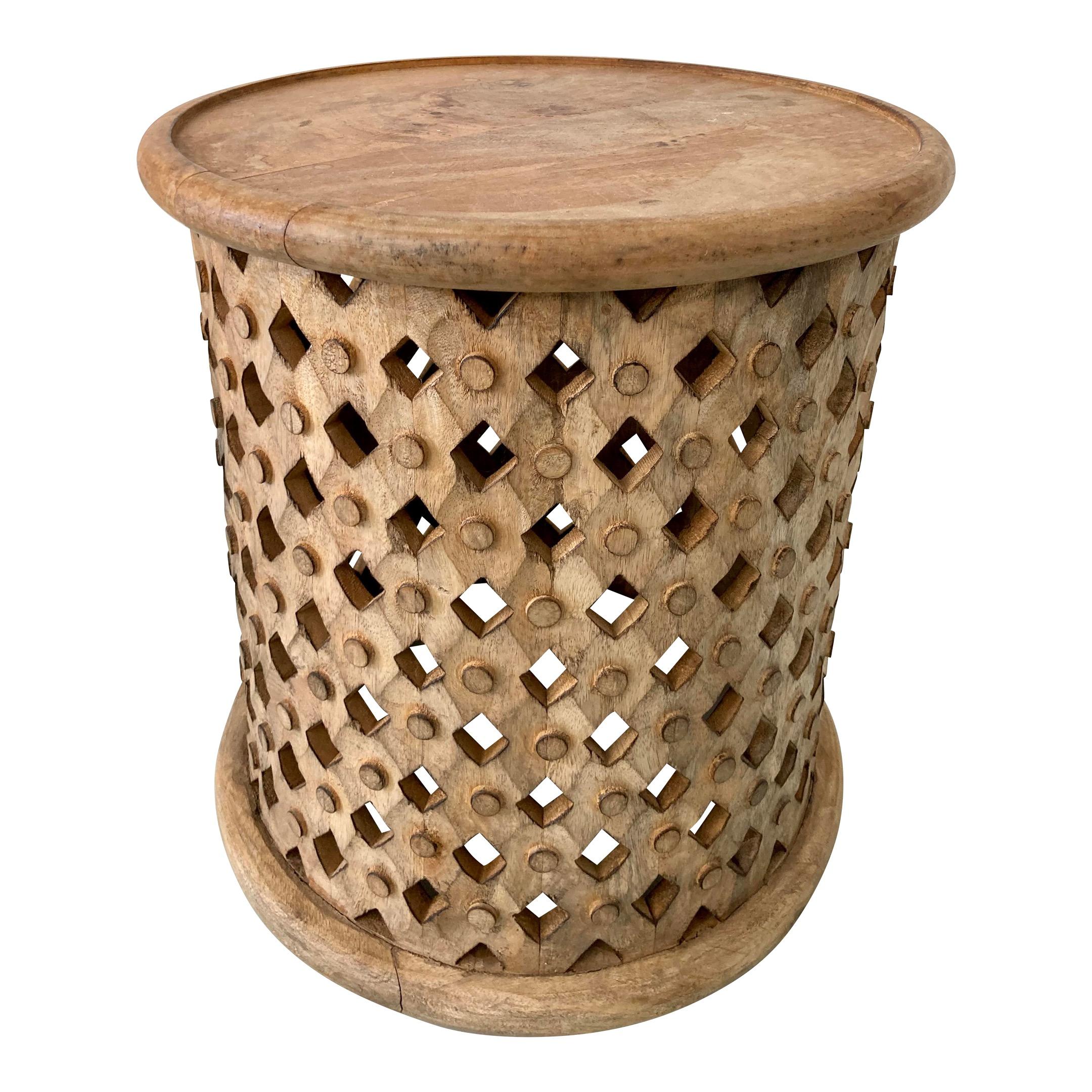 Eclectic Carved Wood Drum Table For Sale at 1stDibs