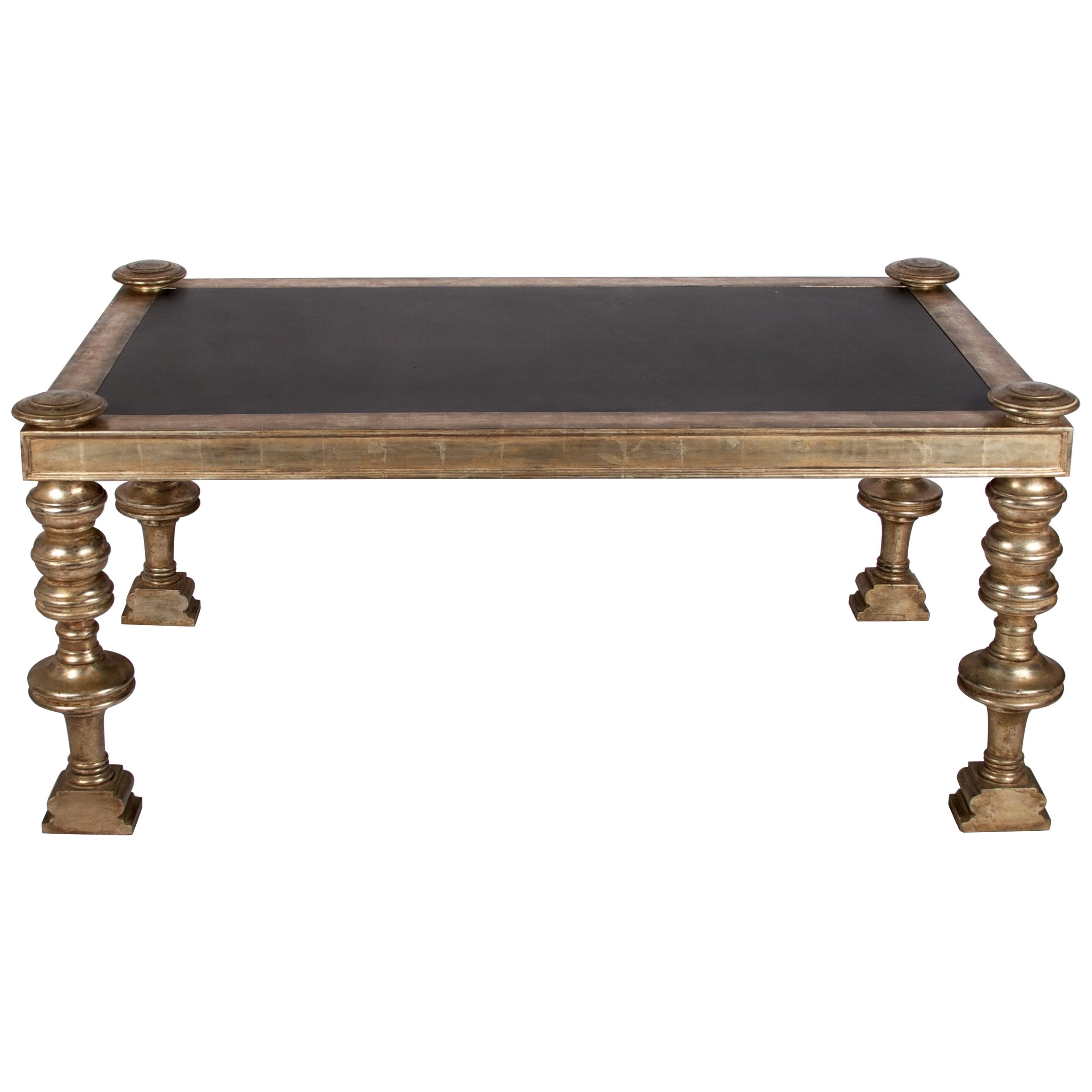 Eclectic Coffee Table with Inset Slate Top, White Gold Frame, fabr. by Quatrain
