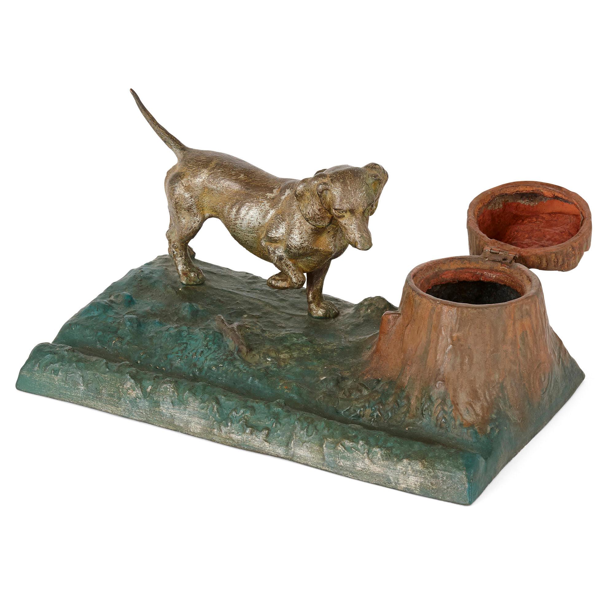 Eclectic collection of five Continental dog-form inkwells
Continental, circa 1900
Measures: Largest: Height 12cm, width 30cm, depth 18cm
Smallest: Height 10cm, diameter 7.5cm

This wonderful collection is comprised of five inkwells, each