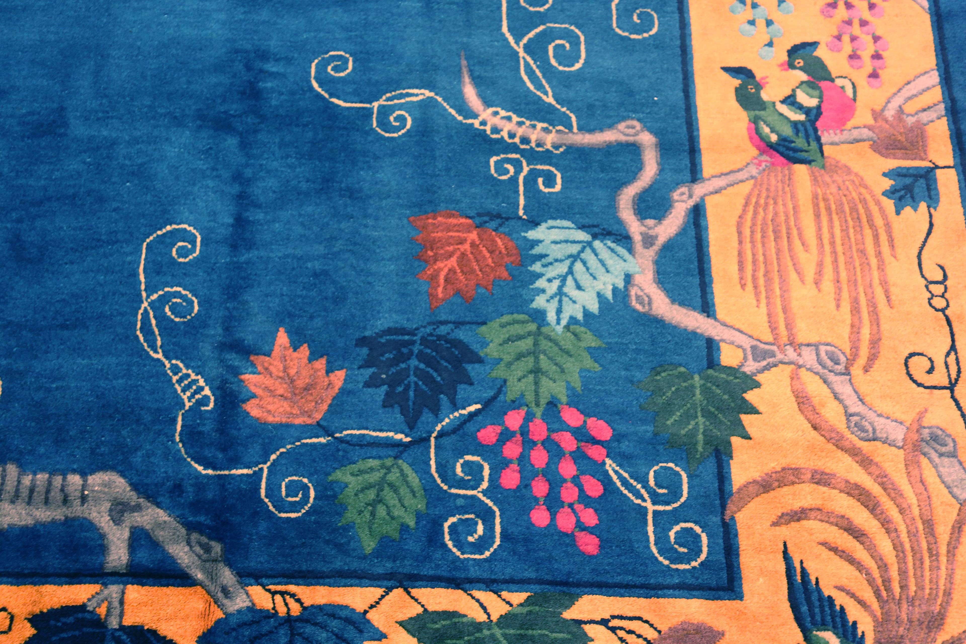 Eclectic Colorful Antique Chinese Art Deco Peacock Rug 10' x 12'1
