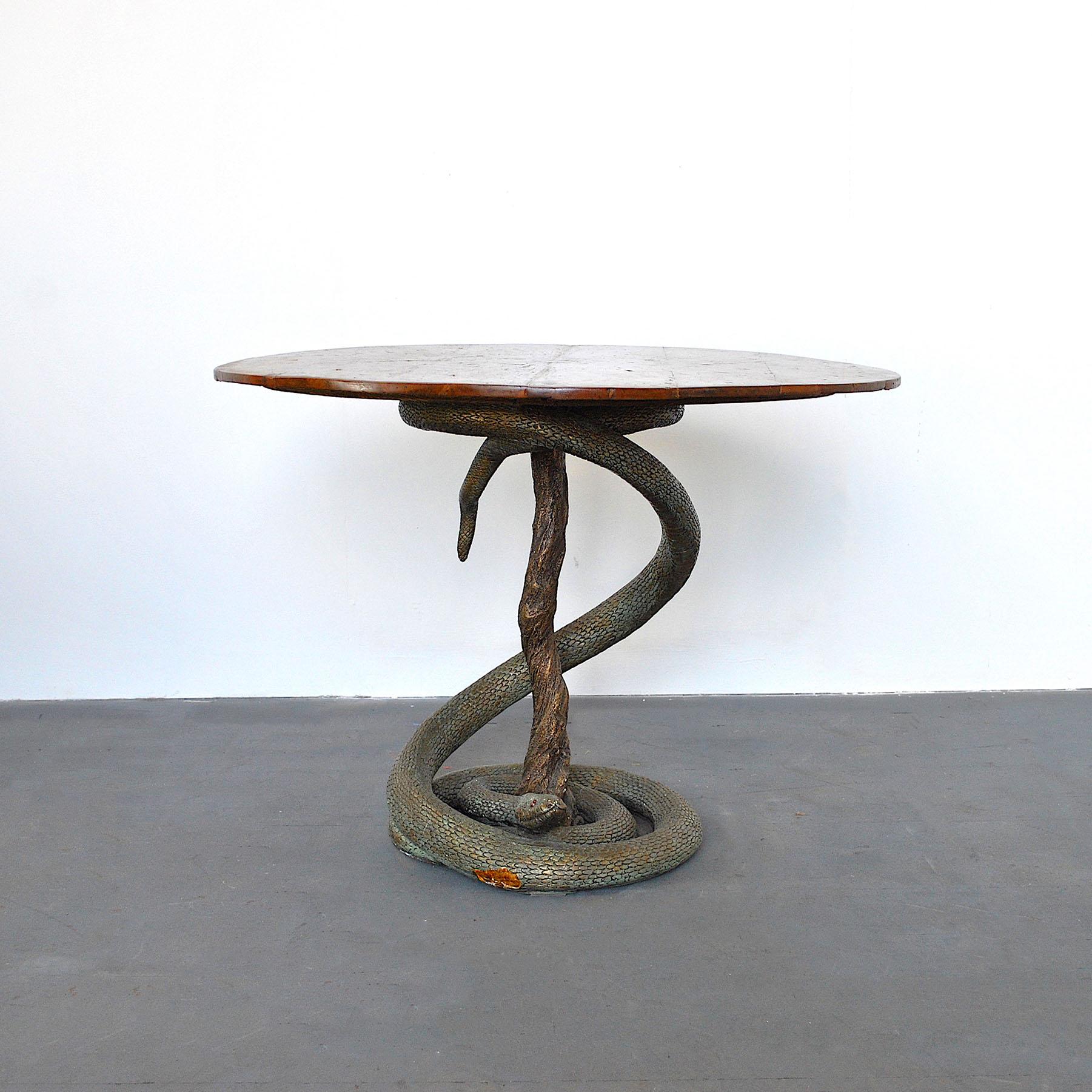 Mid-20th Century Eclectic Game Table with Python Sculpture from the Fifties For Sale