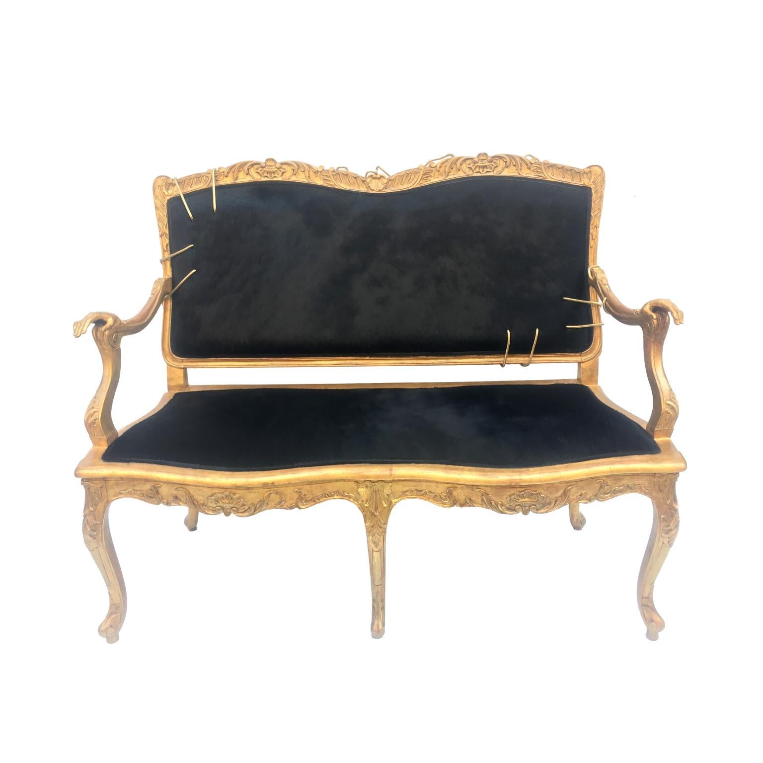One of a Kind Giltwood and Black Pony Hair Covered Sofa with Hands Sculptures For Sale 8