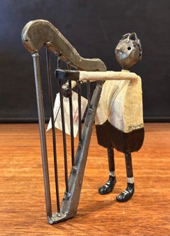 Eclectic Man Playing Harp Painted Metal Sculpture by Luis Felguerez