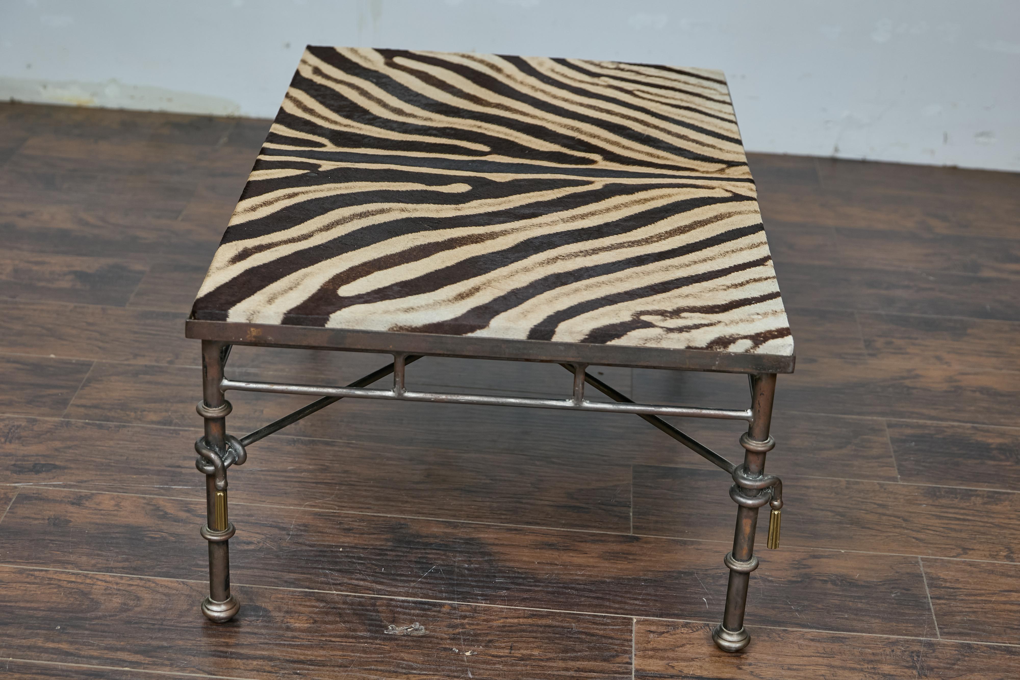 Eclectic Midcentury Zebra Hide Top Metal Coffee Table with Petite Gilt Tassels For Sale 5