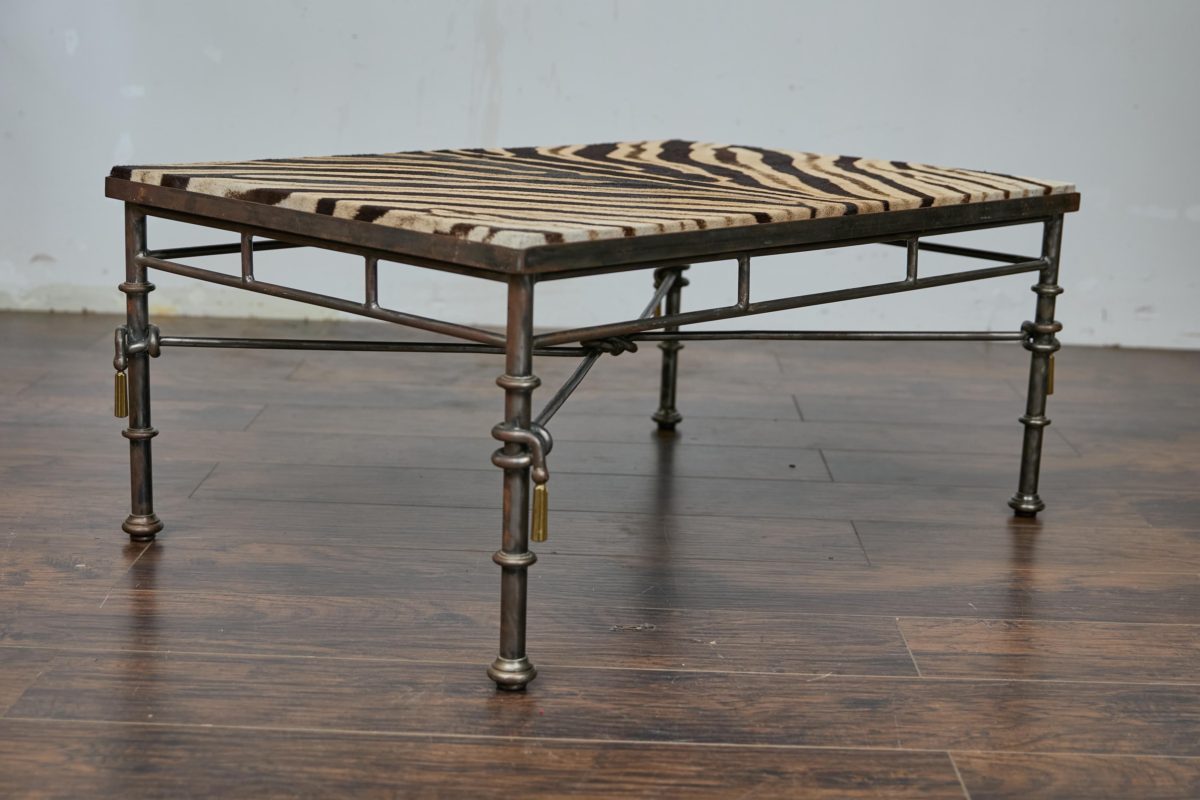 Eclectic Midcentury Zebra Hide Top Metal Coffee Table with Petite Gilt Tassels For Sale 6