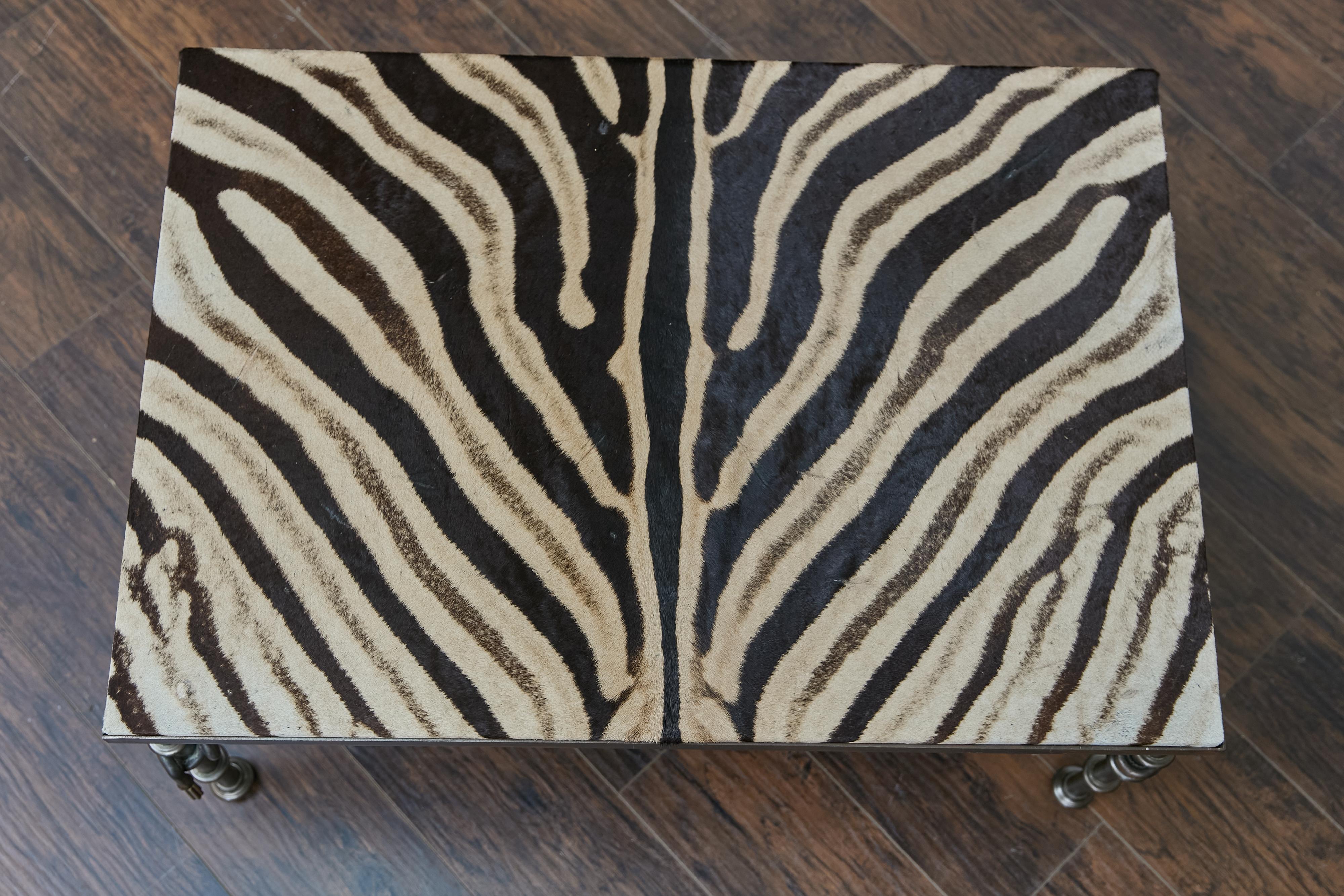 Eclectic Midcentury Zebra Hide Top Metal Coffee Table with Petite Gilt Tassels For Sale 9