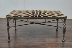 Eclectic Midcentury Zebra Hide Top Metal Coffee Table with Petite Gilt Tassels