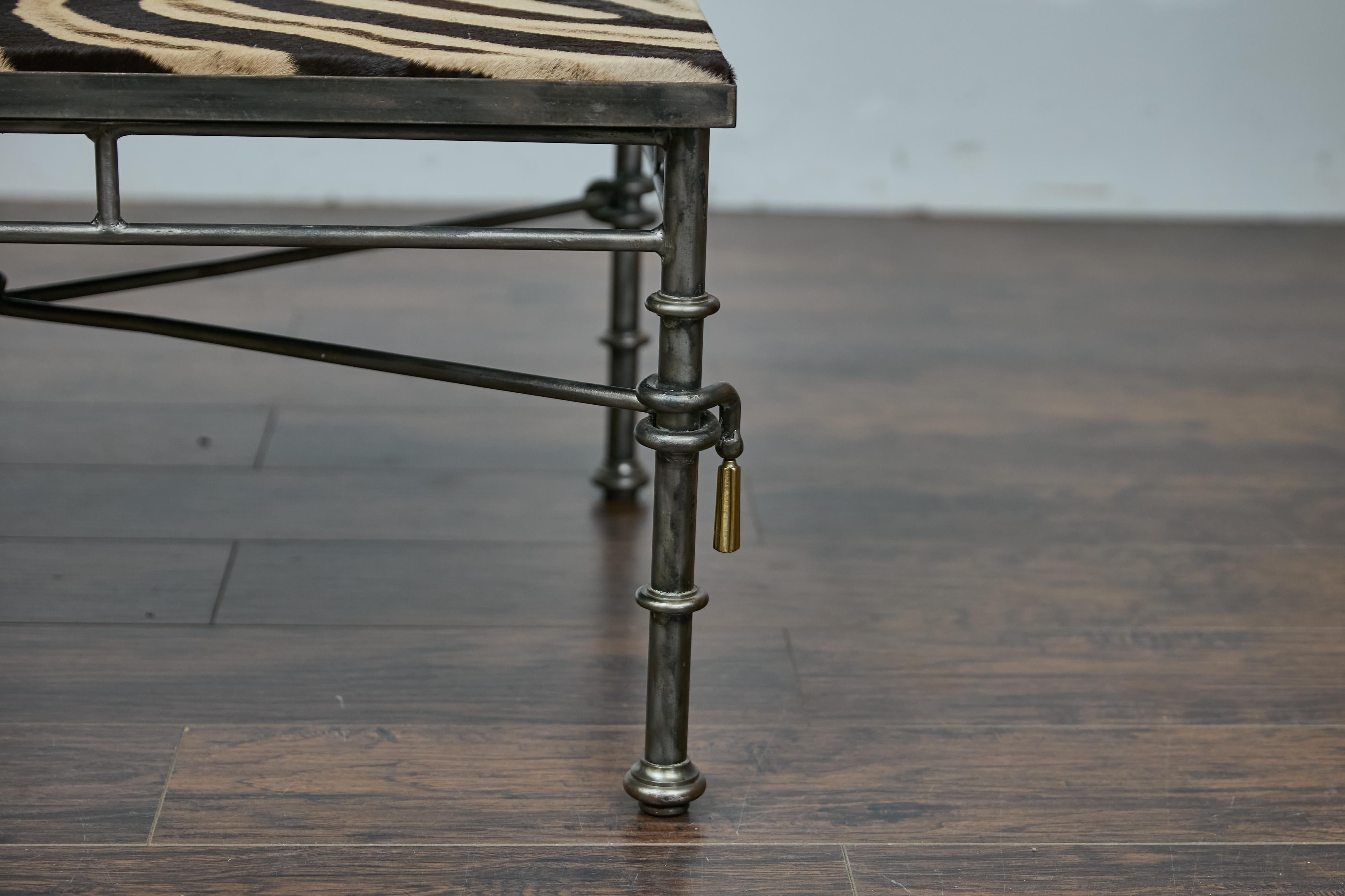 Mid-Century Modern Eclectic Midcentury Zebra Hide Top Metal Coffee Table with Petite Gilt Tassels For Sale