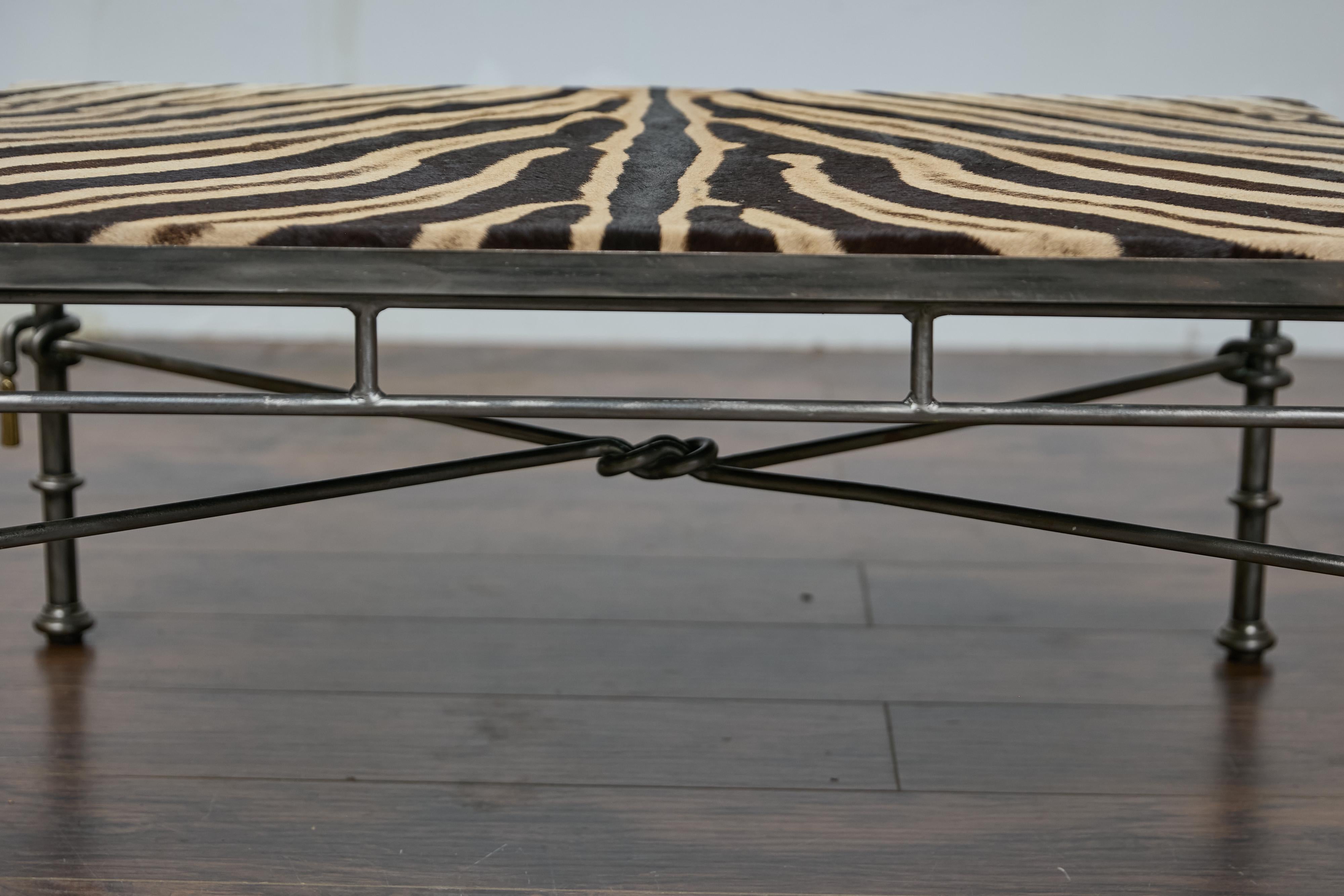 Eclectic Midcentury Zebra Hide Top Metal Coffee Table with Petite Gilt Tassels In Good Condition For Sale In Atlanta, GA